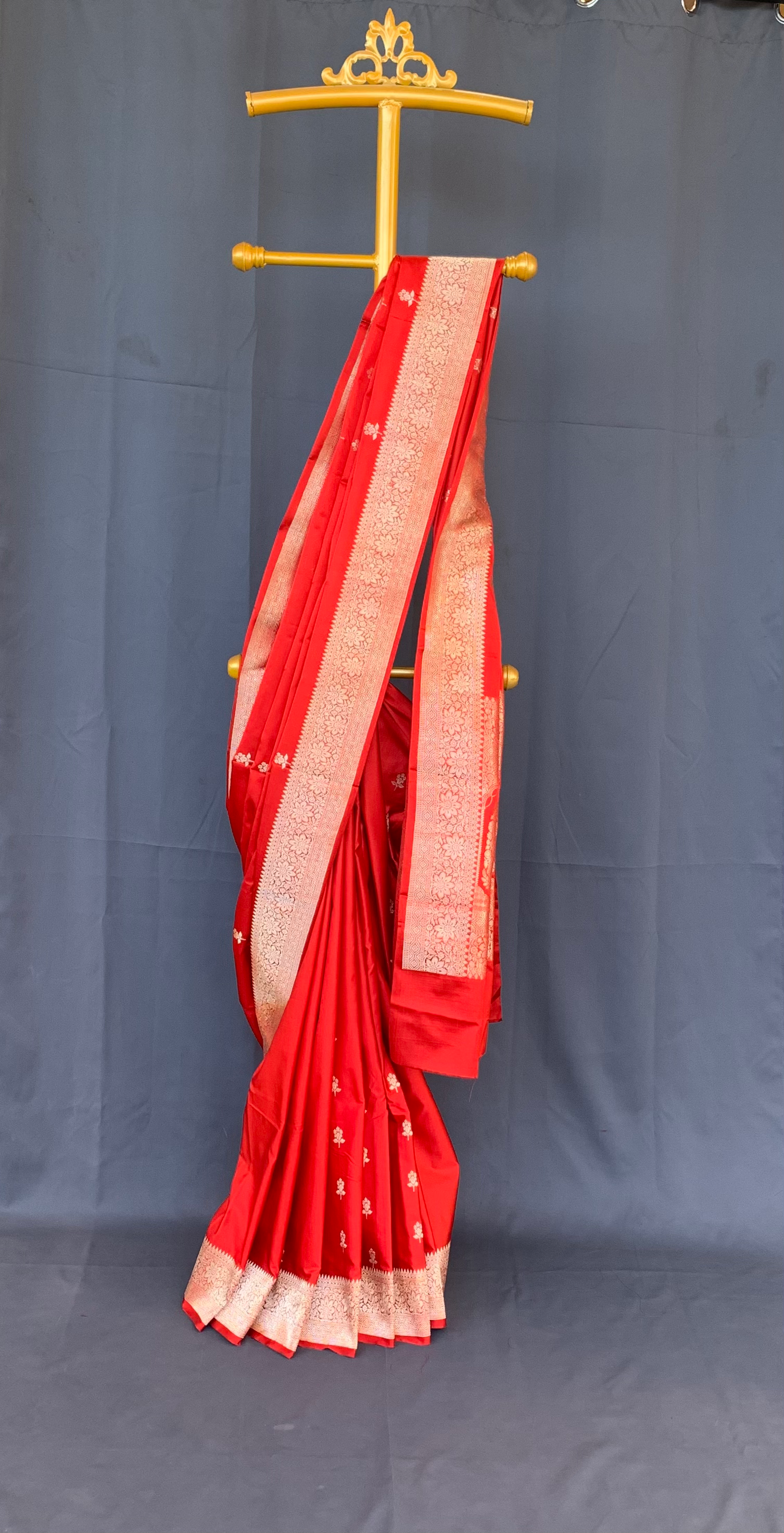 Orangish Red Pure Banarasi Handloom Mashru Silk Saree