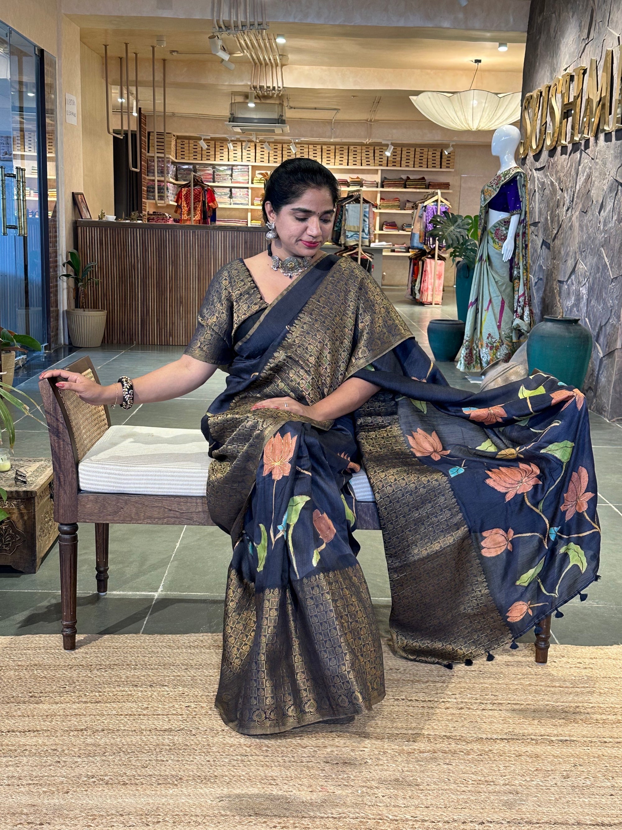Elephant Black Pure Handloom Munga Banarasi Saree with pichwai handpainting .