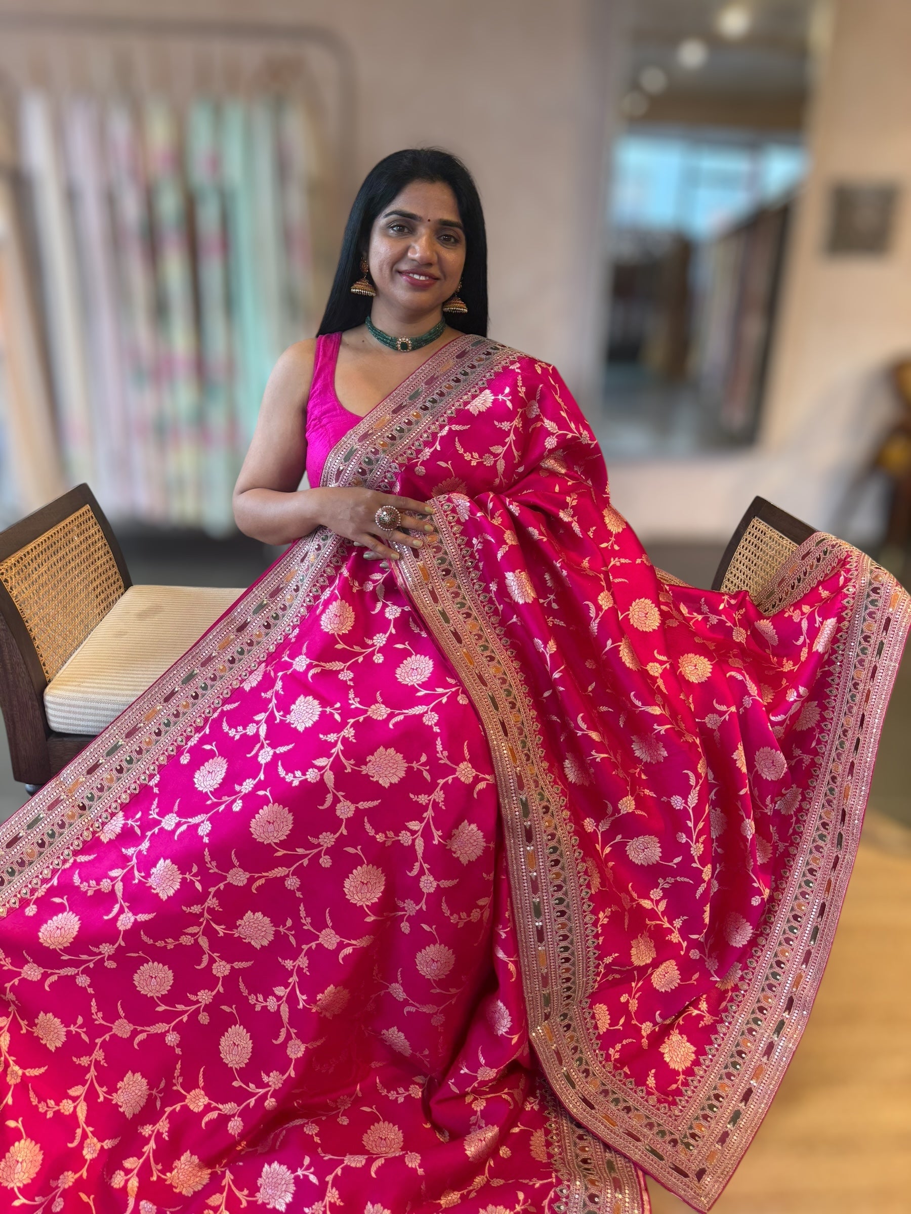 Rani Pink Banarasi Silk Saree With allover jaal design and Sabhyasachi Borders