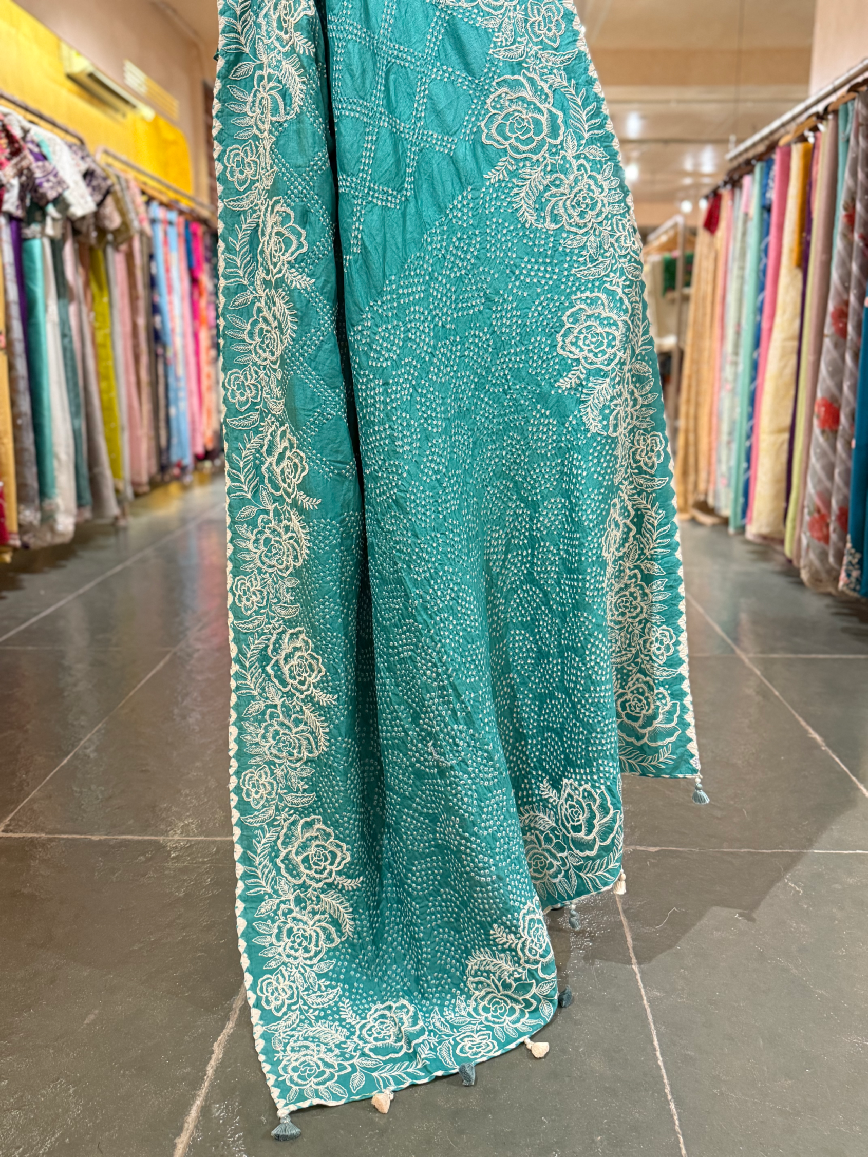 Teal Pure Gajji Silk Rai Bandhej Saree wth Stunning Outline Embroidery