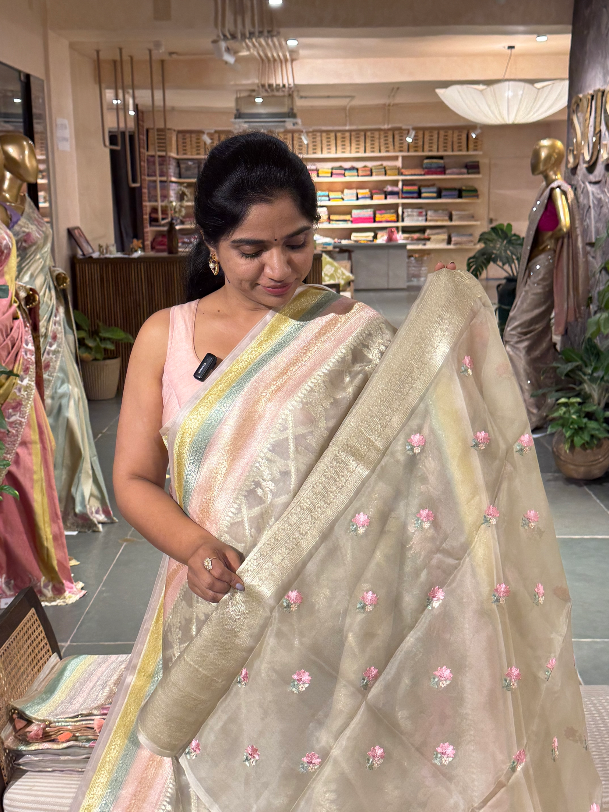 Pure Handloom Kora Banarasi with rangkaat and embroidered borders and blouse.