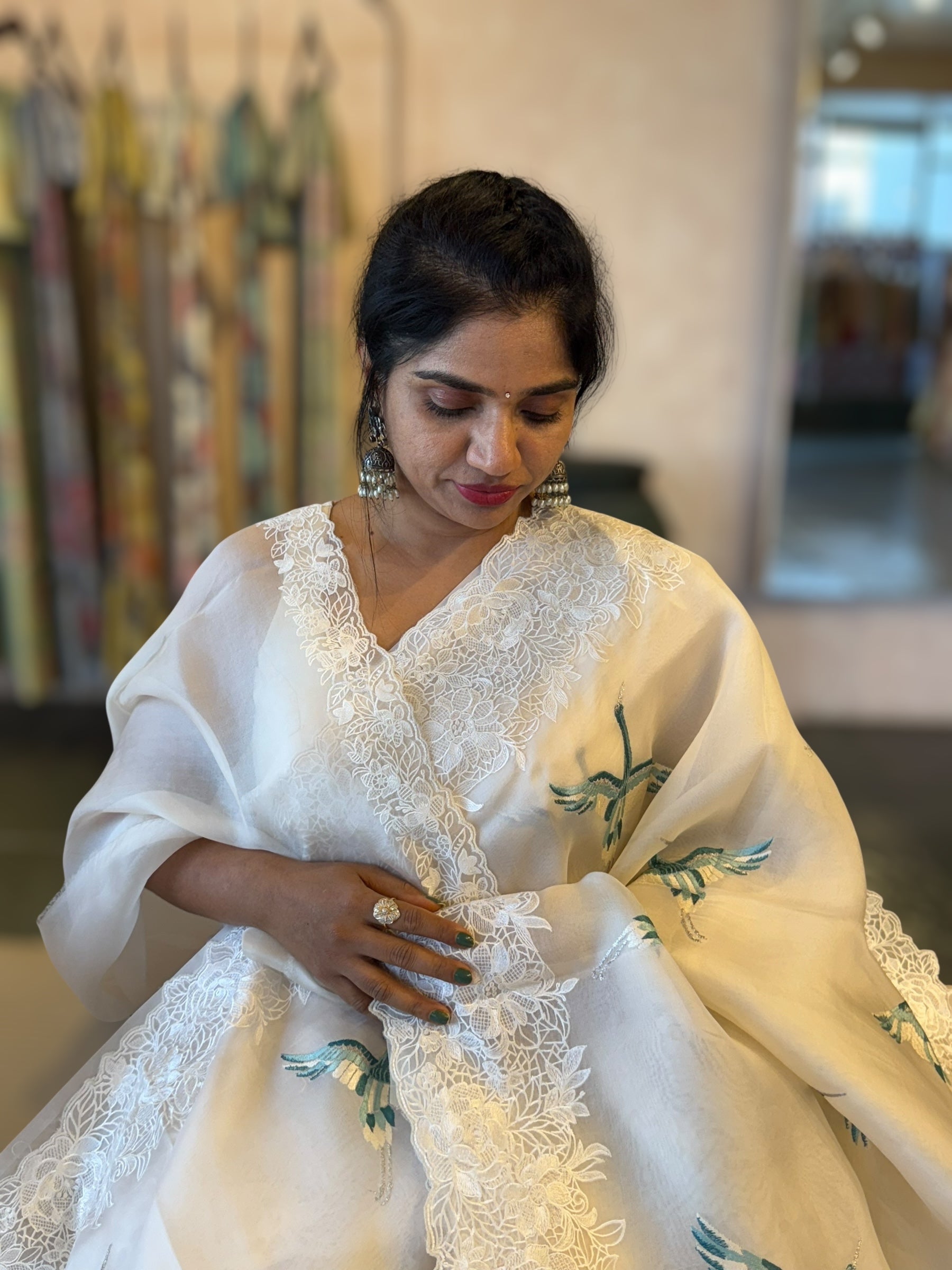 Ivory Organza Saree with Cutwork Borders & Blue Cranes