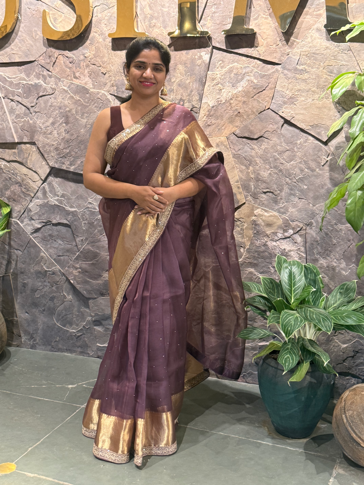 SK1091412ORG:Brownish Wine Kanchi Kora Saree with allover mukaish handwork