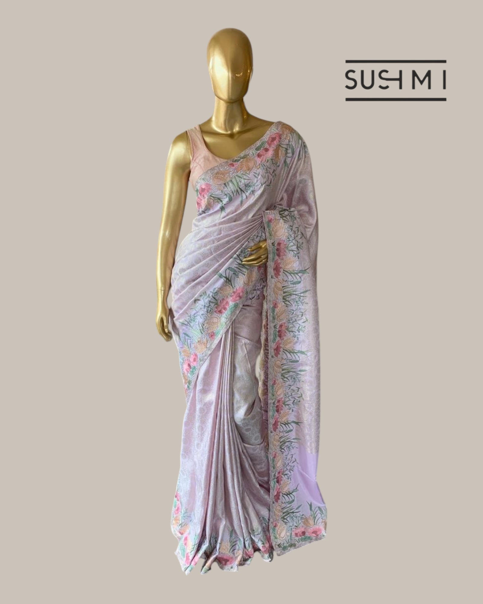 Lilac Kanjeevaram Brocade Saree Beautiful Pond Theme Embroidered Border.