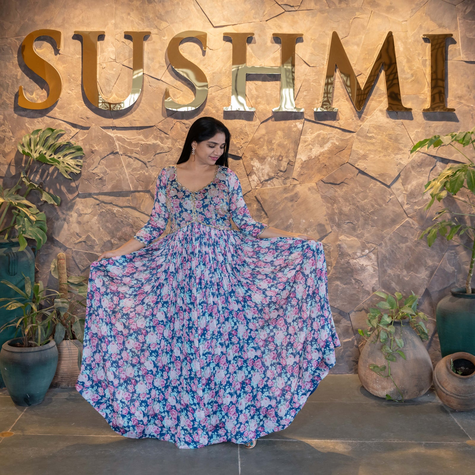 Pure Chinnon Printed Long Frock with handwork yoke