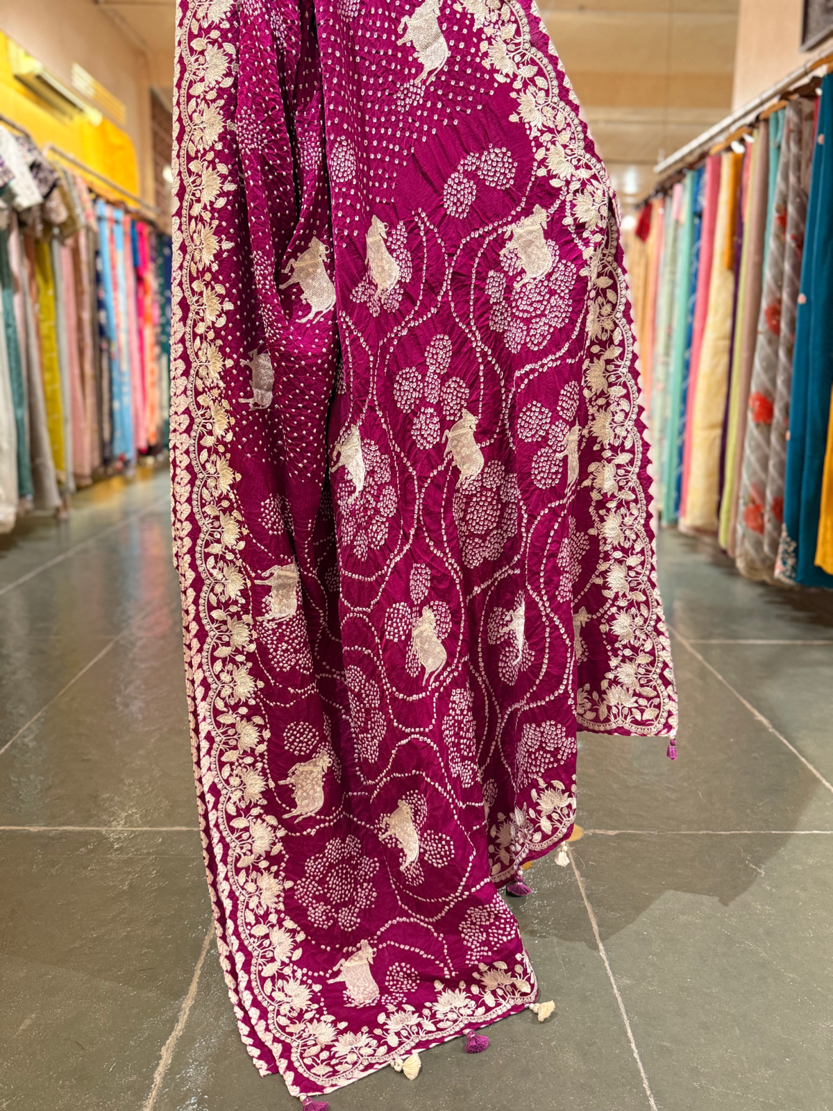 Purple Pure Gajji Silk Rai Bandhej Saree with Pichwai Embroidery