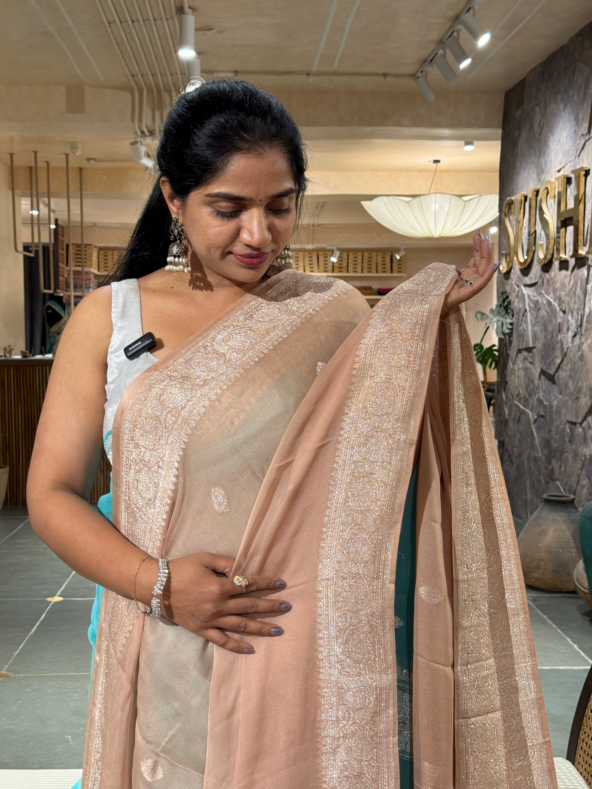 Nude Color Banarasi Handloom Khaddi Chiffon Saree with silver
