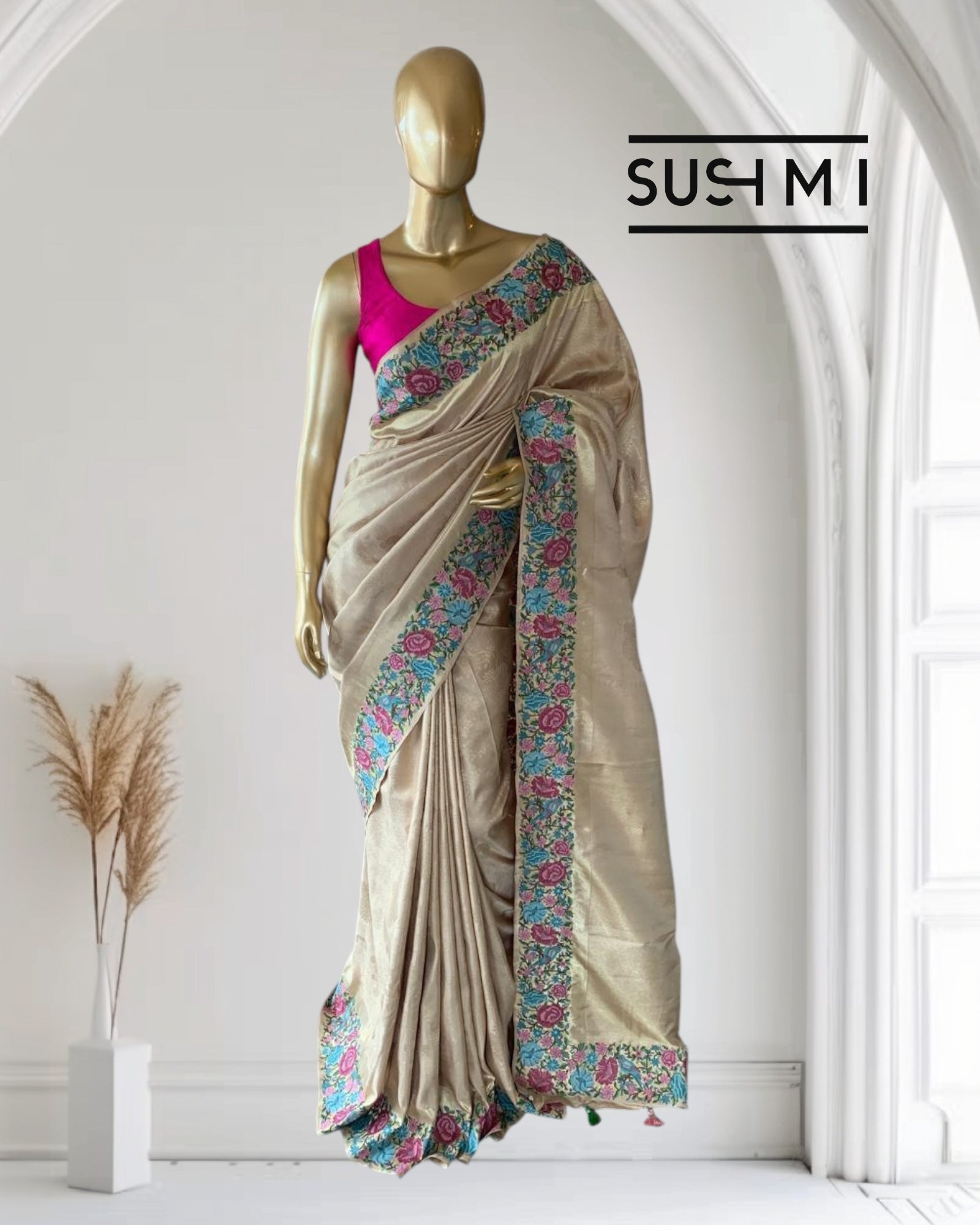 Wheat Tone  Pure  Kanchi Brocade Saree with Petite Point Embroidery