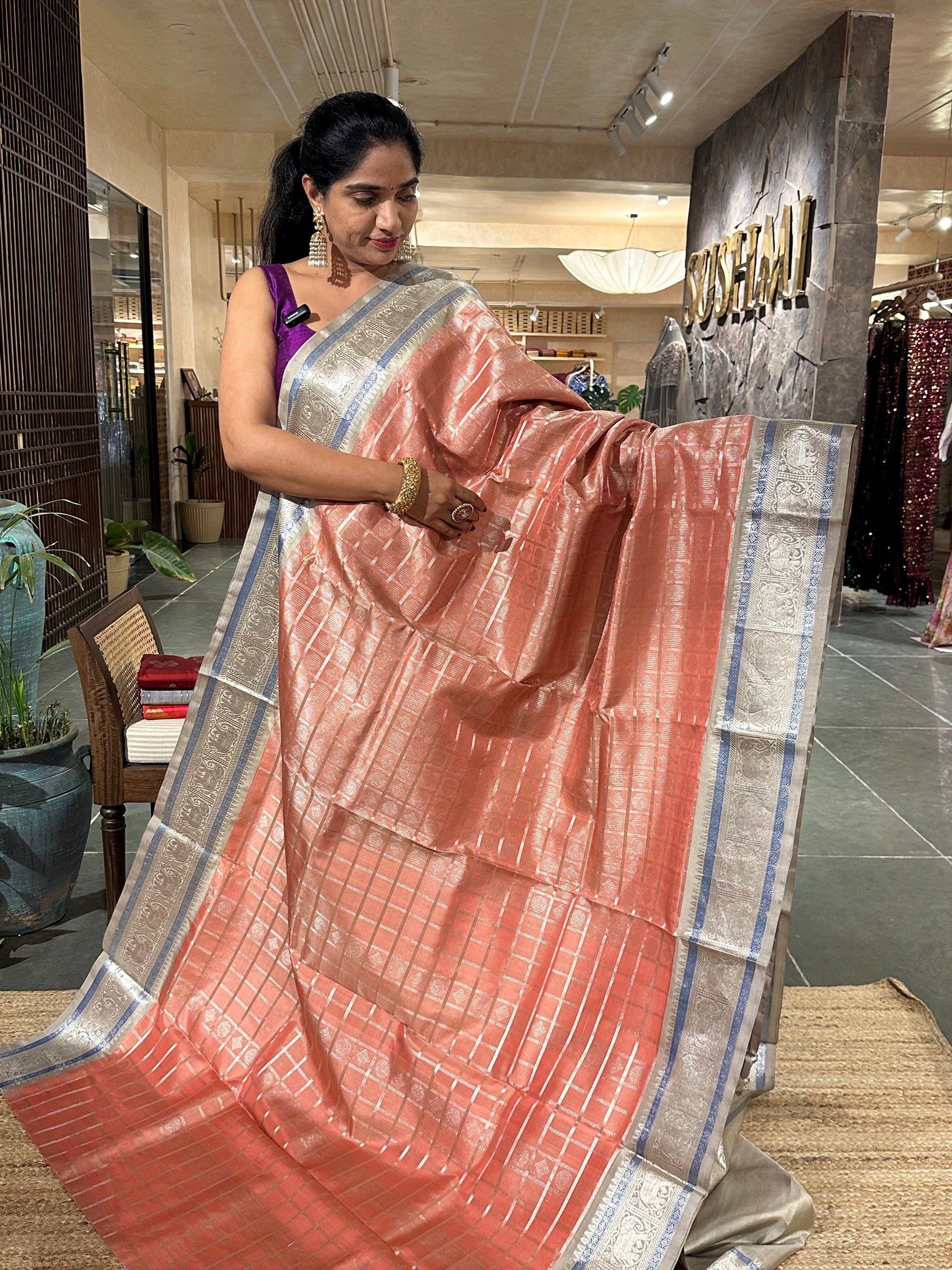 Peach and Grey Combo Venkatagiri Handloom Pure Silk Saree