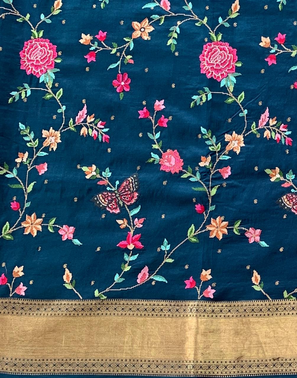 Midnight Blue Kanchi soft Silk Saree With Allover Petite Point Embroidery