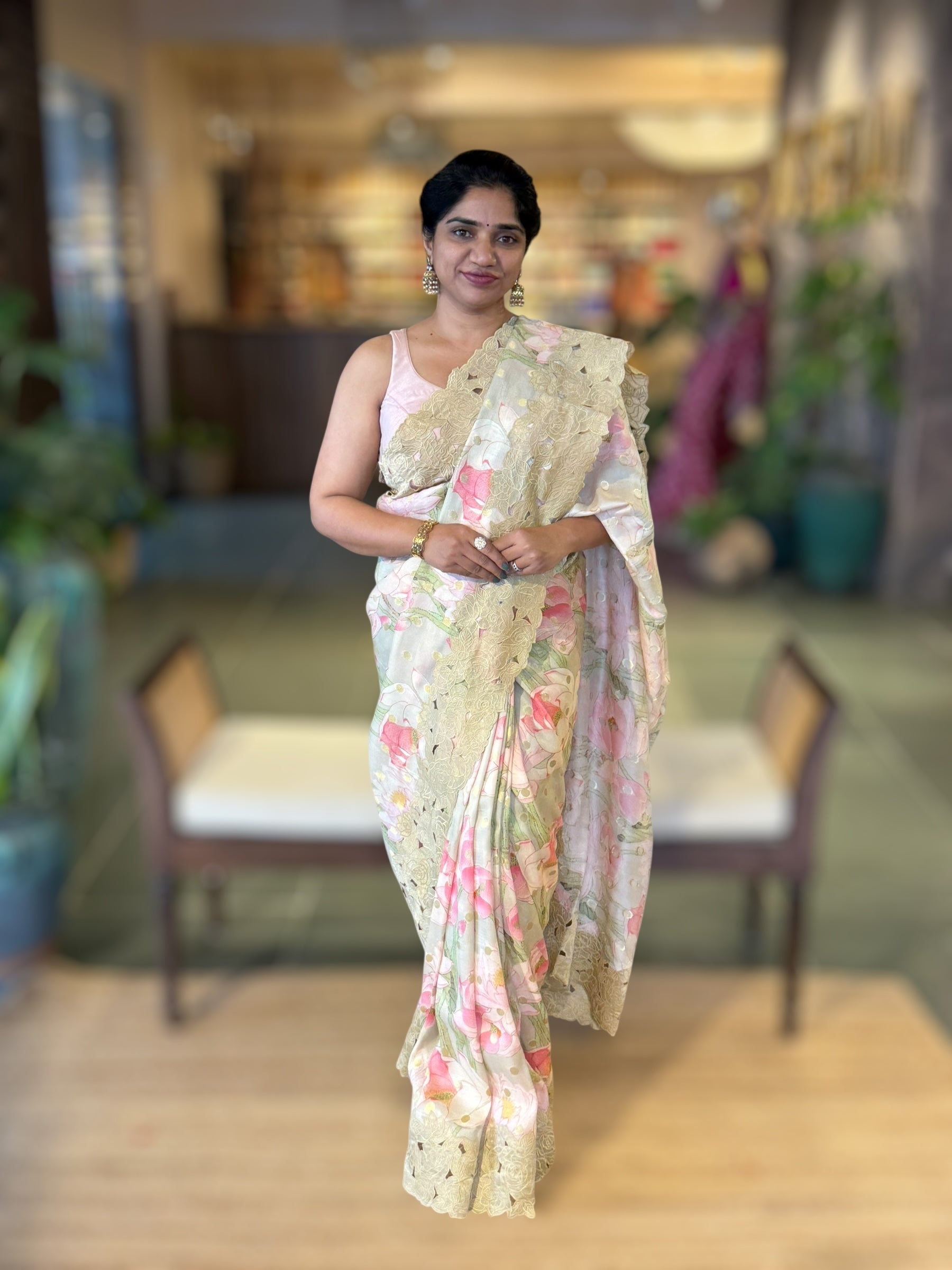 DustyTone Banarasi Printed Tussar Khaddi Gorgette Wth Tissue cutwork Rose Border