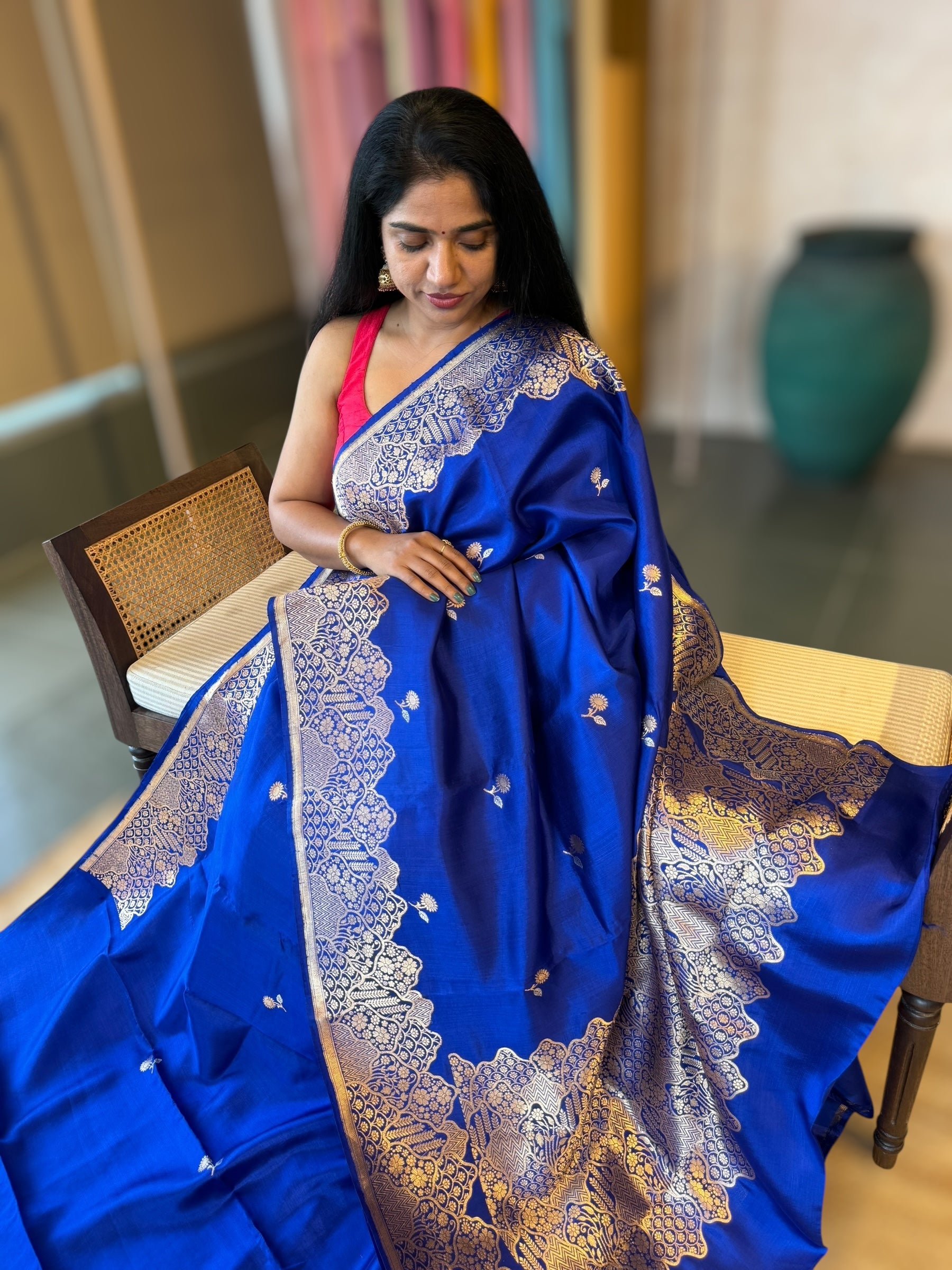 Royal Blue Banarasi Raw Mango Silk Saree with Open Borders & Kaduwa Weaving