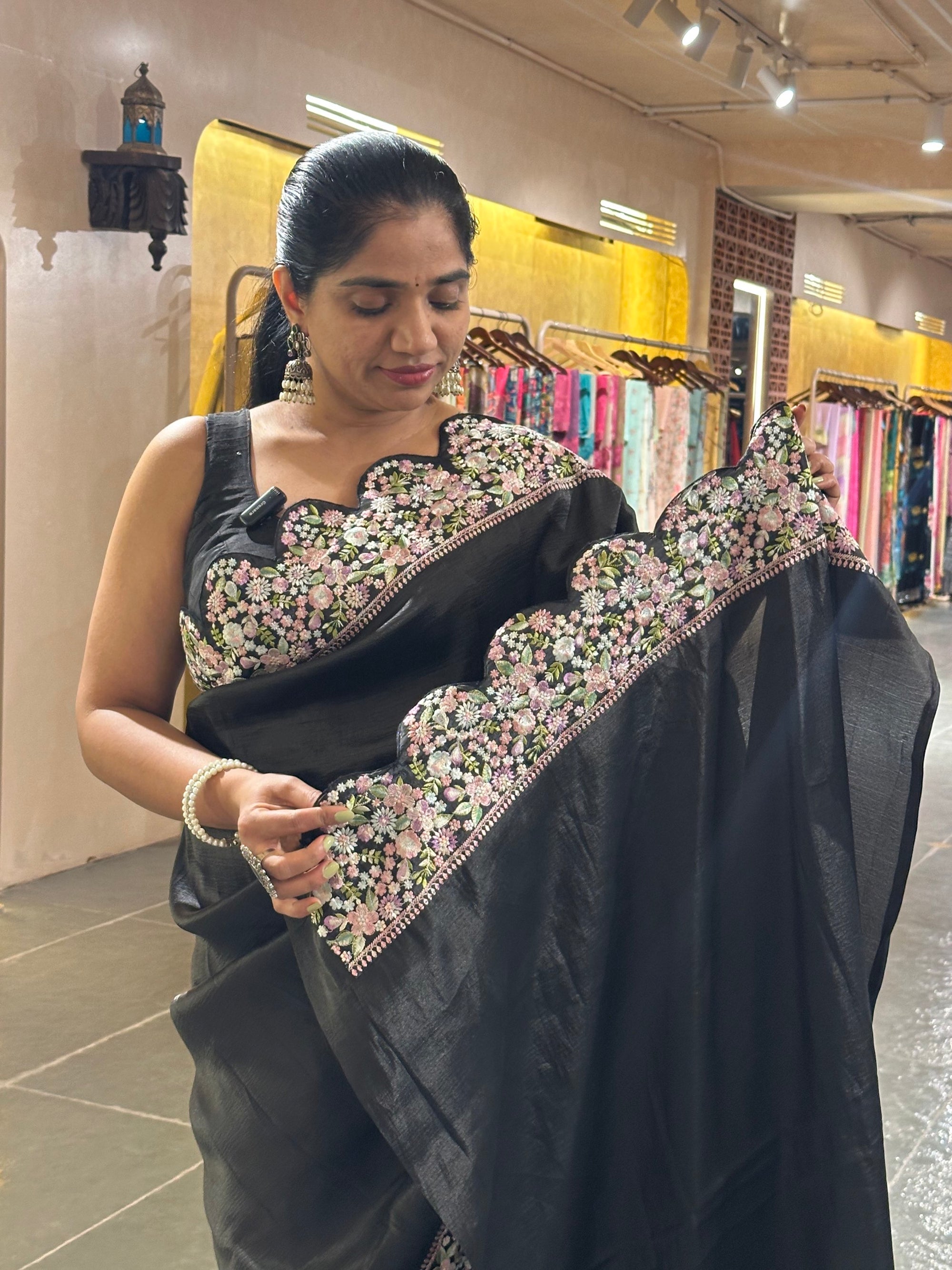 Black Crush Saree with beautiful threadwork scalloped  border