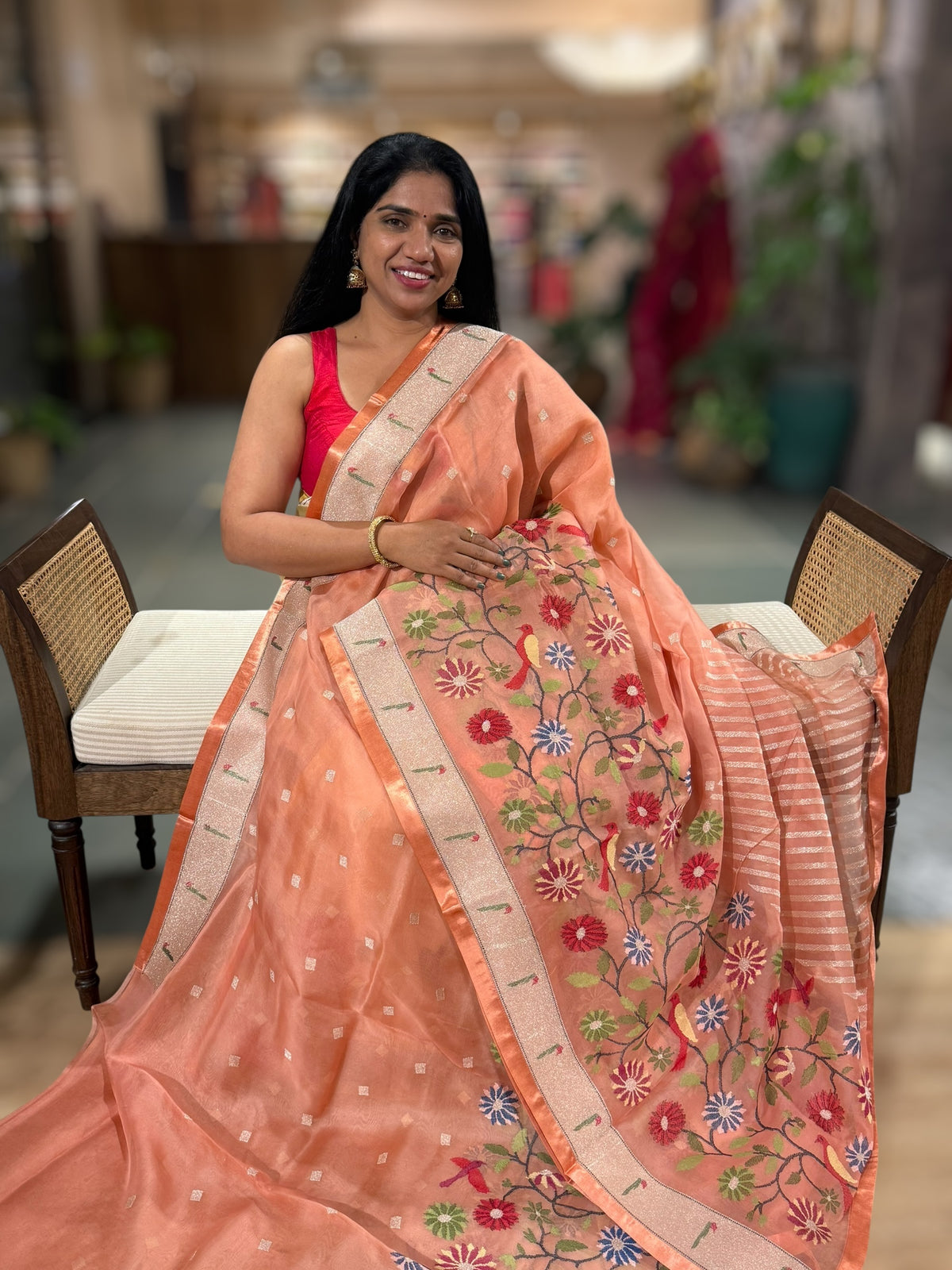 Peach Organza Silk Saree With Jamdani Inspired Embroidery