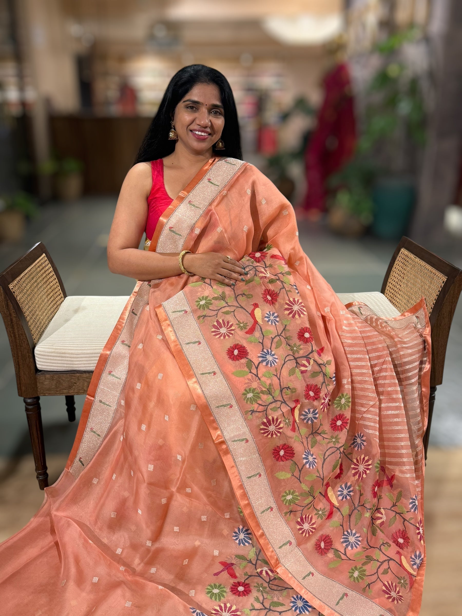 Peach Organza Silk Saree With Jamdani Inspired Embroidery