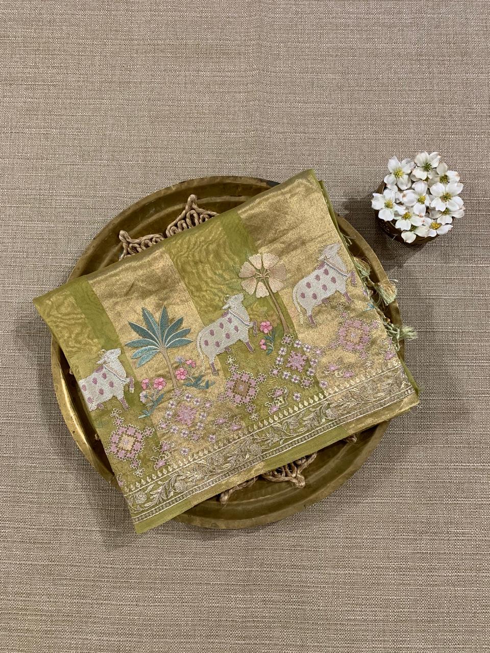 Moong Dal Green Kora Tissue Stripes with Pichwai & Jamdani Inspired Embroidery