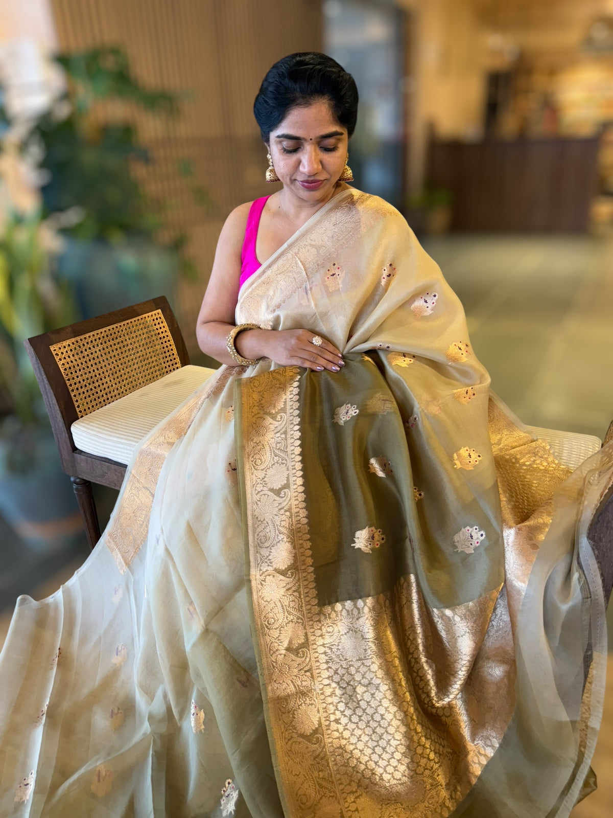 Olive Shaded Premium Kora Banarasi Saree with Allover Meenakari Kaduwa Motifs
