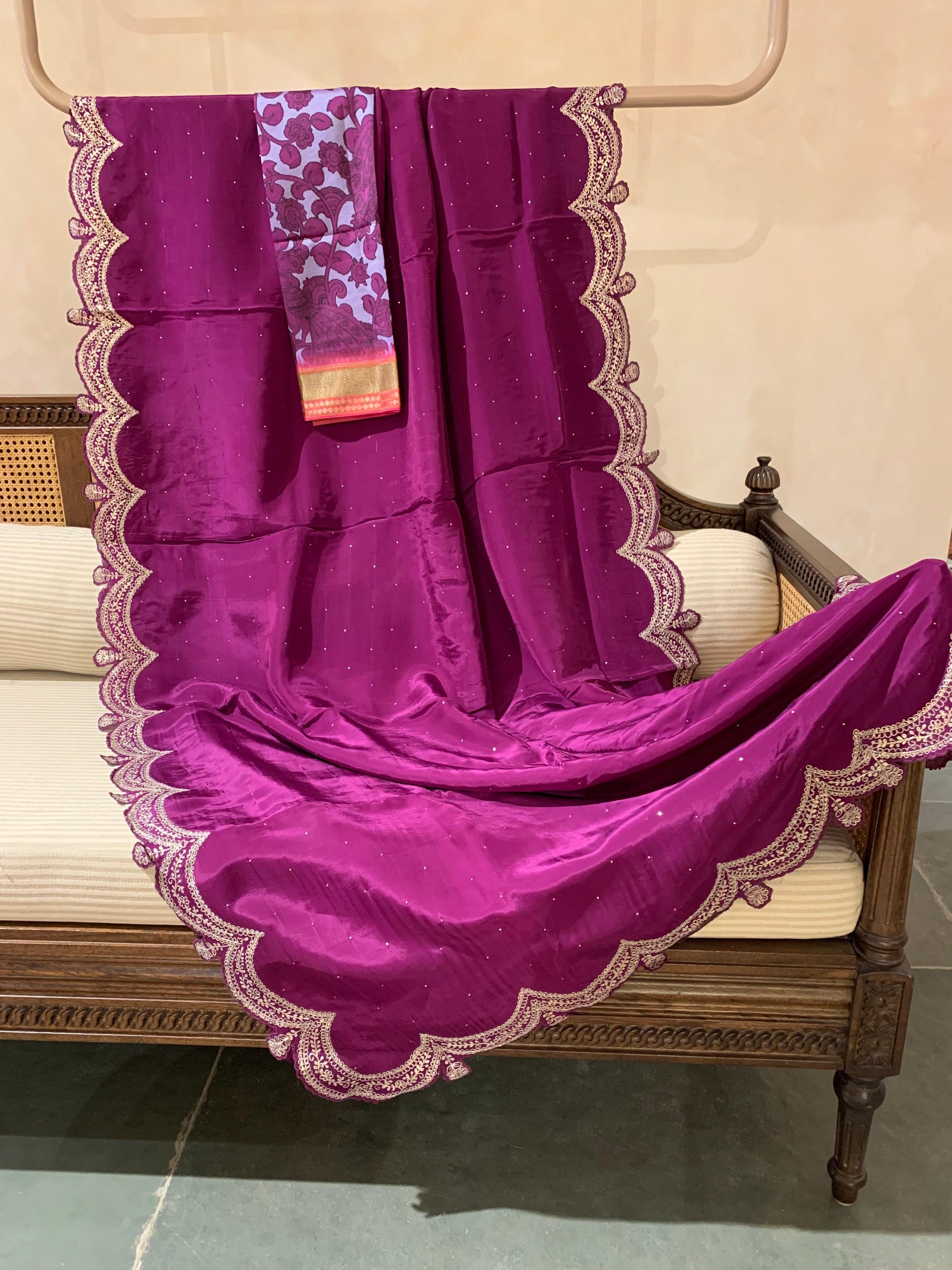 Wine Crepe Silk Saree With Pita Work Scallop Border