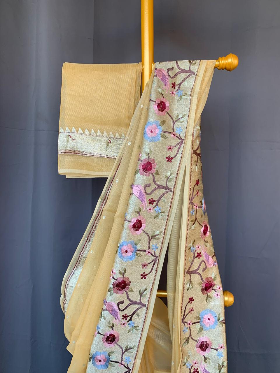 KTPA1413 Besan Yellow Kota Tissue Stripes Saree wth Tissue Pythani Skirt Border