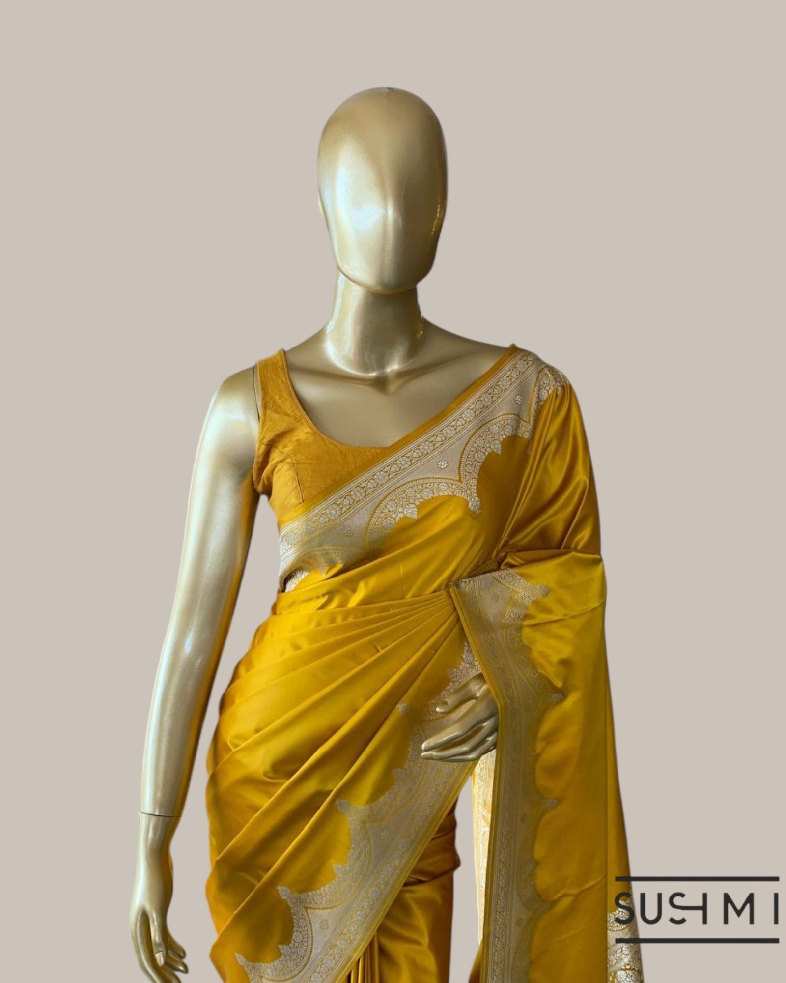 Mustard Mashru Silk Saree With Scalloped Border
