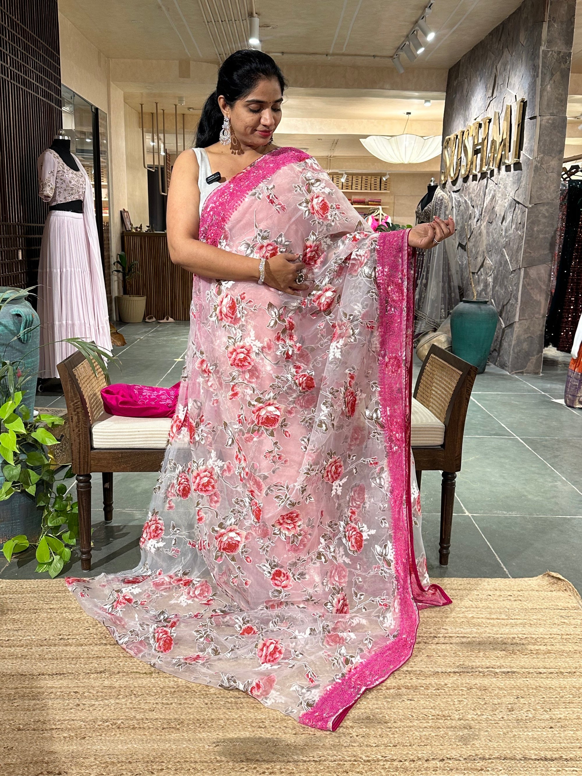 Glass Organza Floral printed Saree with heavy beadwork border and blouse