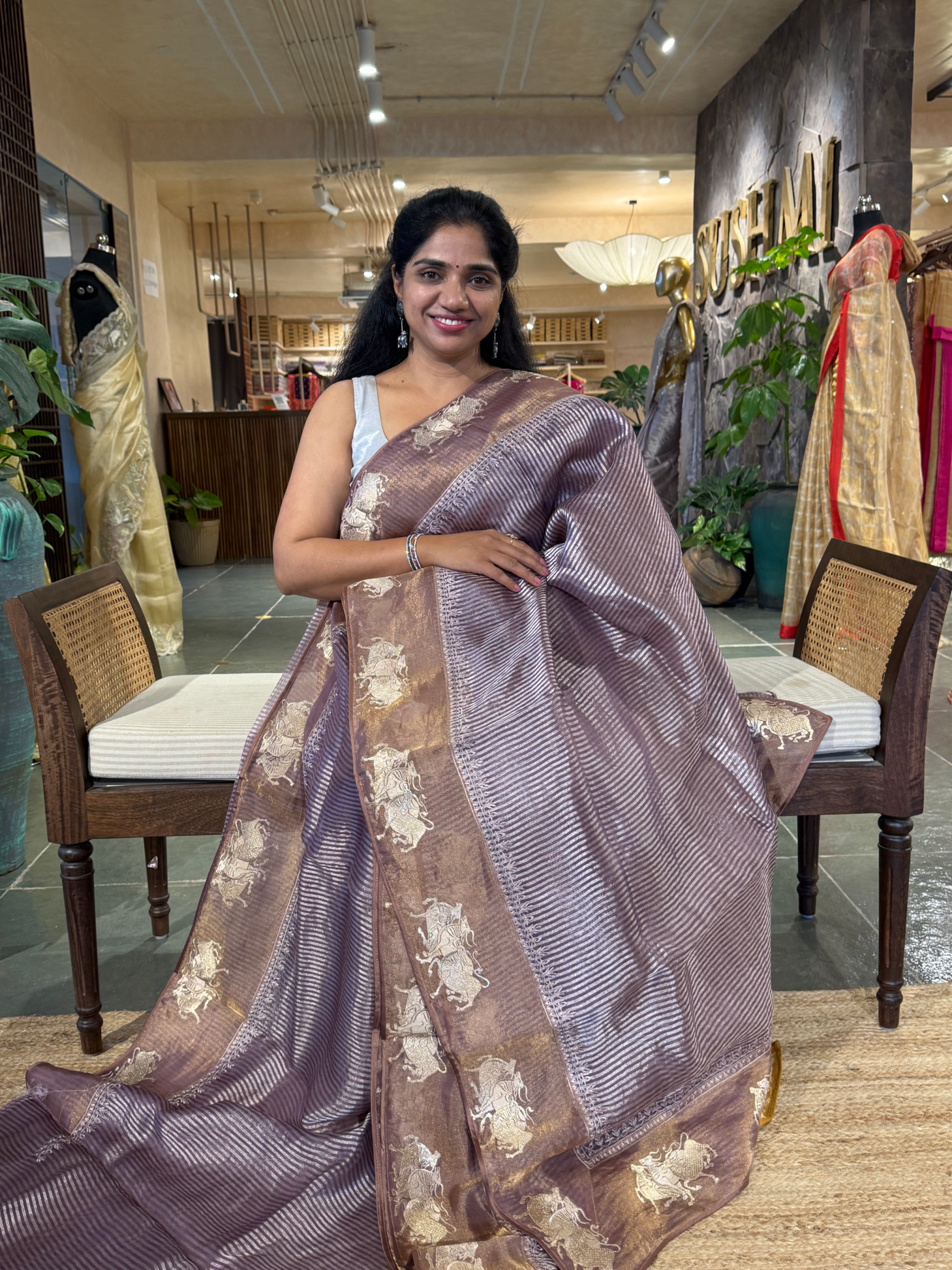 Mauve Tissue Stripes Saree with Nandi Border & Tissue Petite Point Blouse