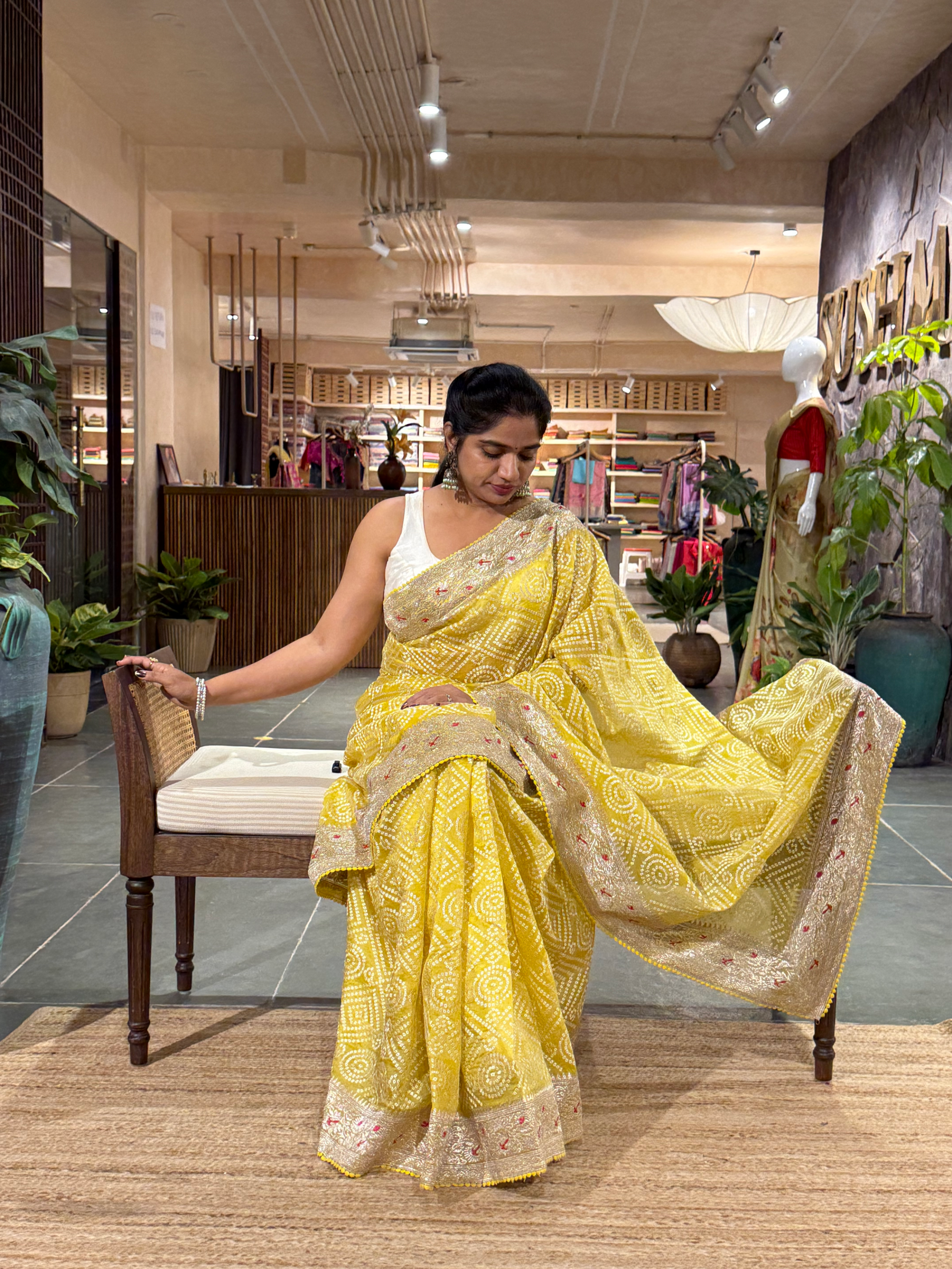 SOBBM171: Lemon Yellow Organza Banarasi with Bandhini Look Allover Embroidery
