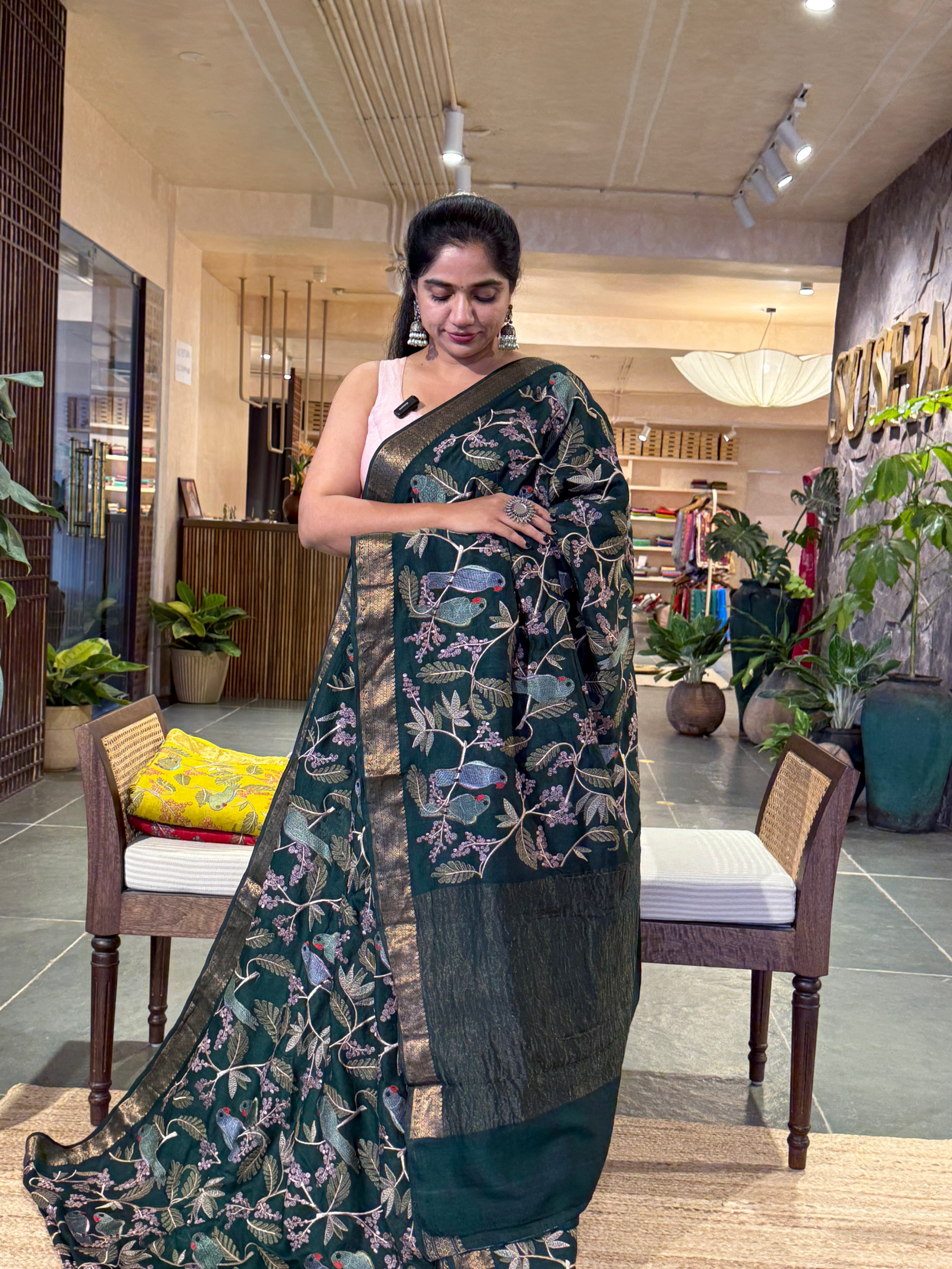 SMSEA113 Forest Green Pure Handloom Munga Silk Saree with allover  Embroidery