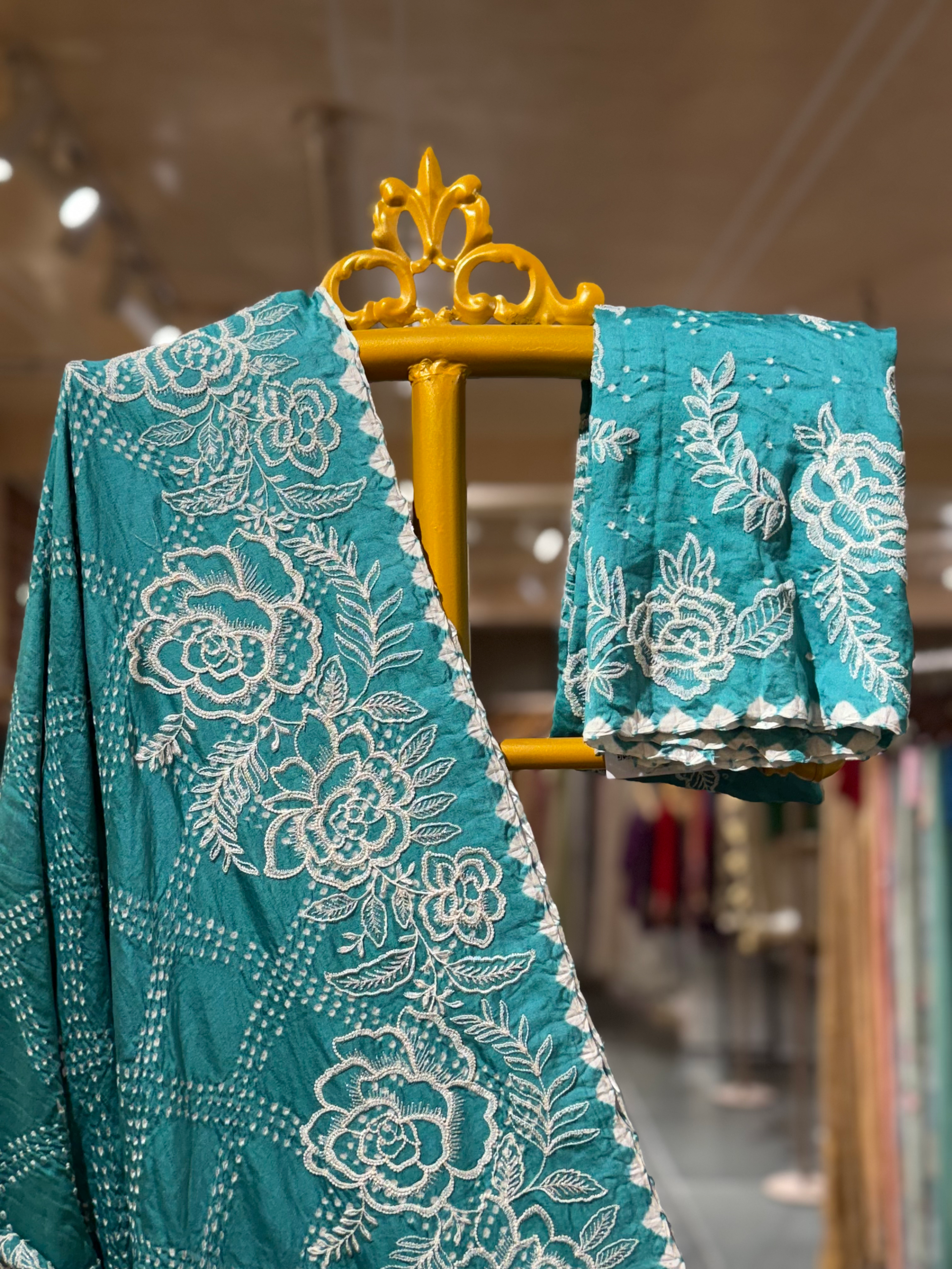 Teal Pure Gajji Silk Rai Bandhej Saree wth Stunning Outline Embroidery
