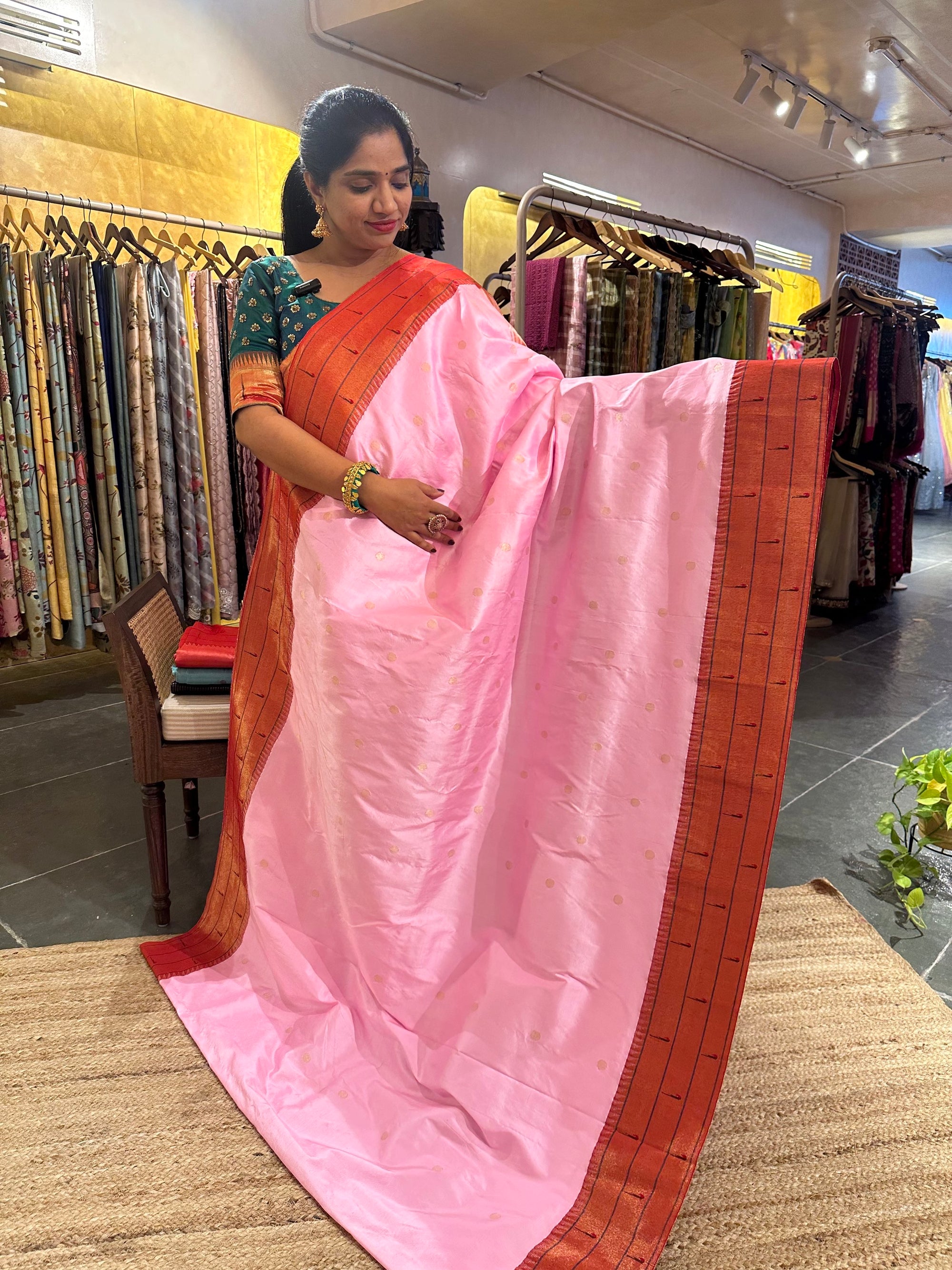 Light Rose Pink Tripple Muniya Pure Handloom Painthani Saree