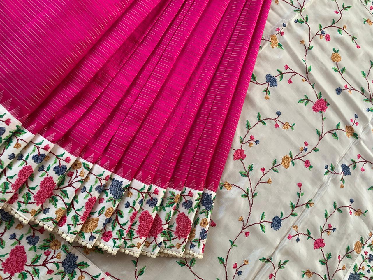 Pink Kanchi Soft Silk Saree With Petite Point Embroidered Border Pallu & Blouse
