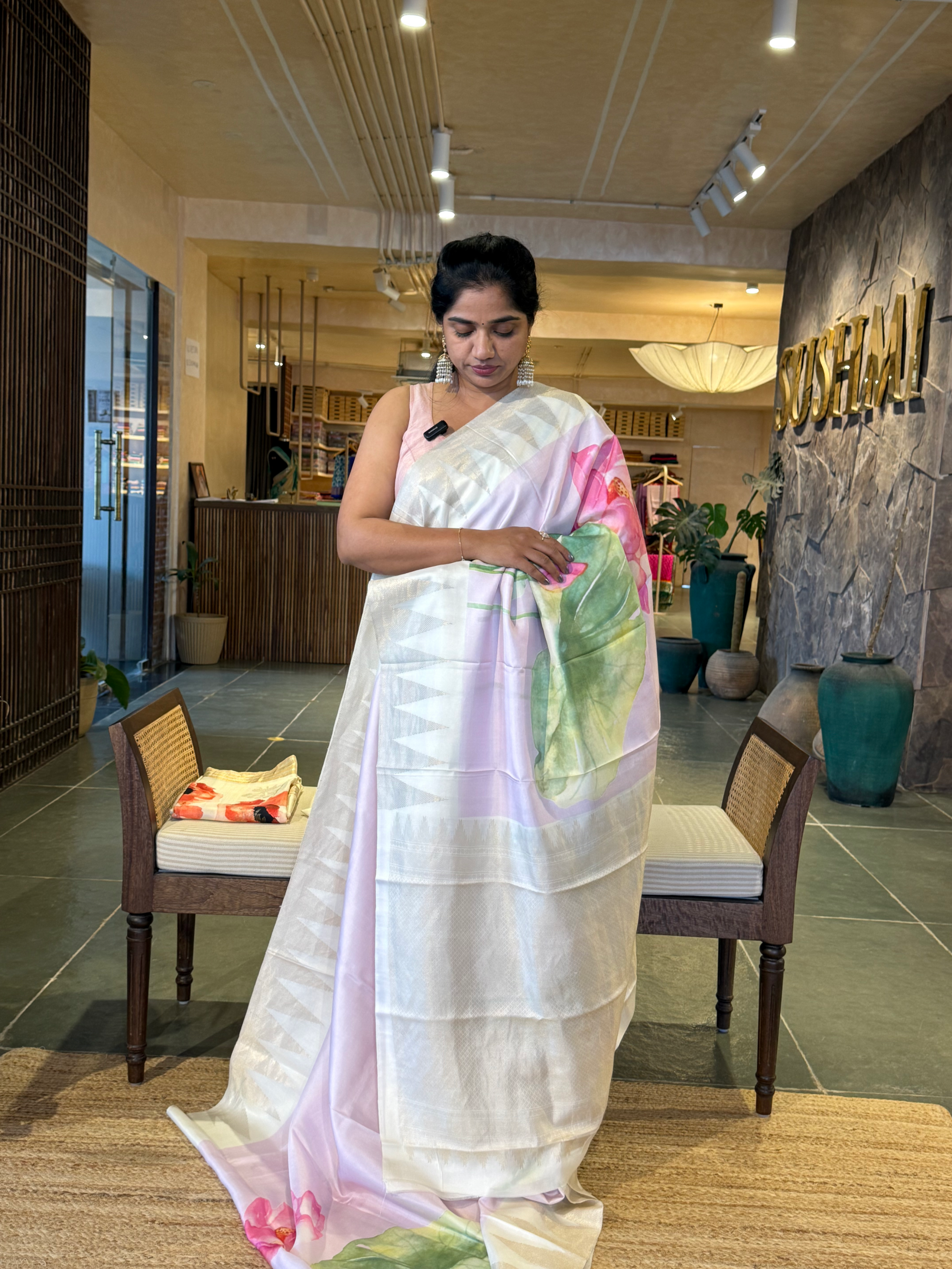 Lilac Kanchi Silk Soft Drape Saree with Temple Birder and Pichwai  Floral Print