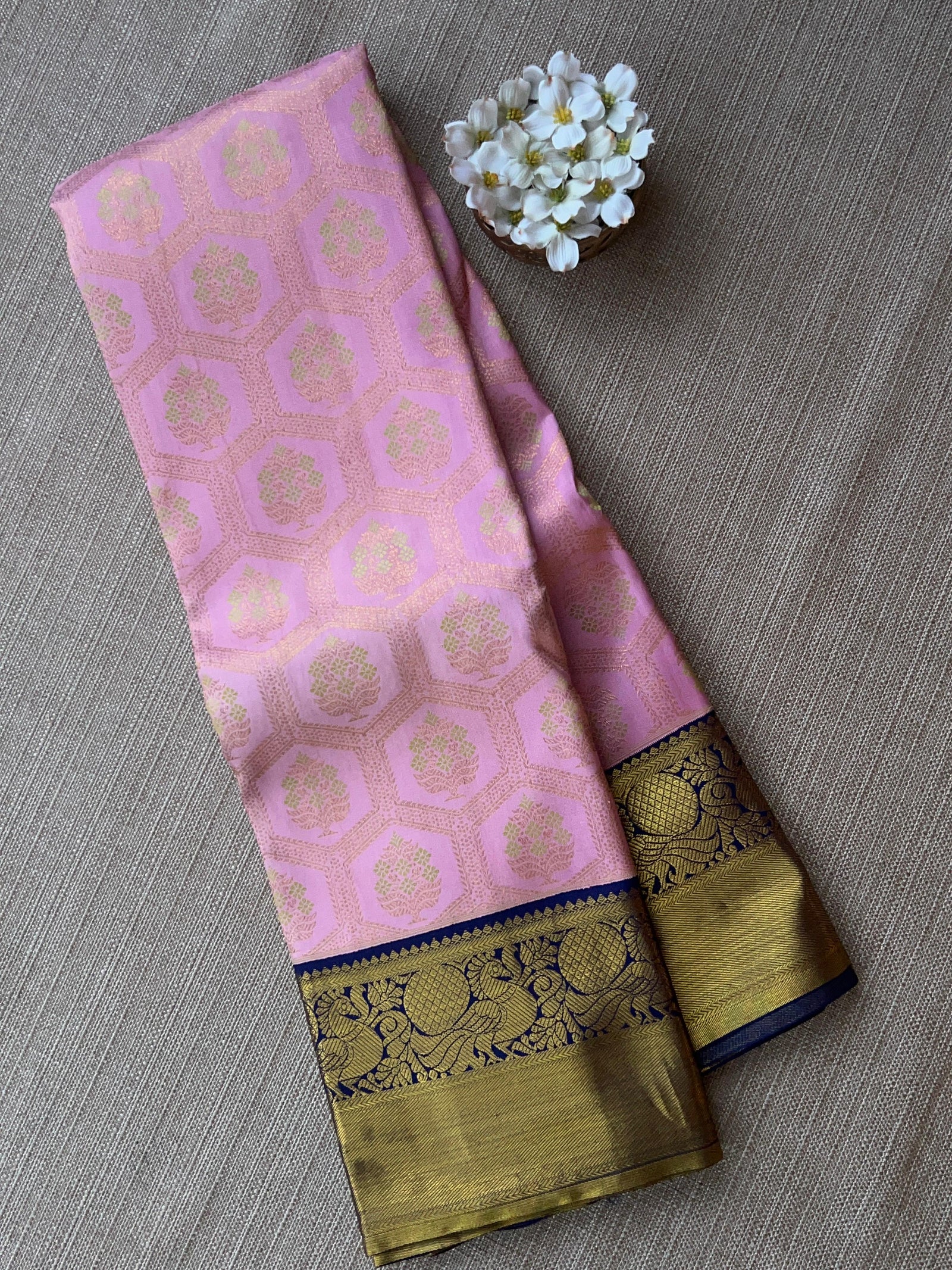 Pure Kanchi Pattu Saree – Baby Pink with Midnight Blue