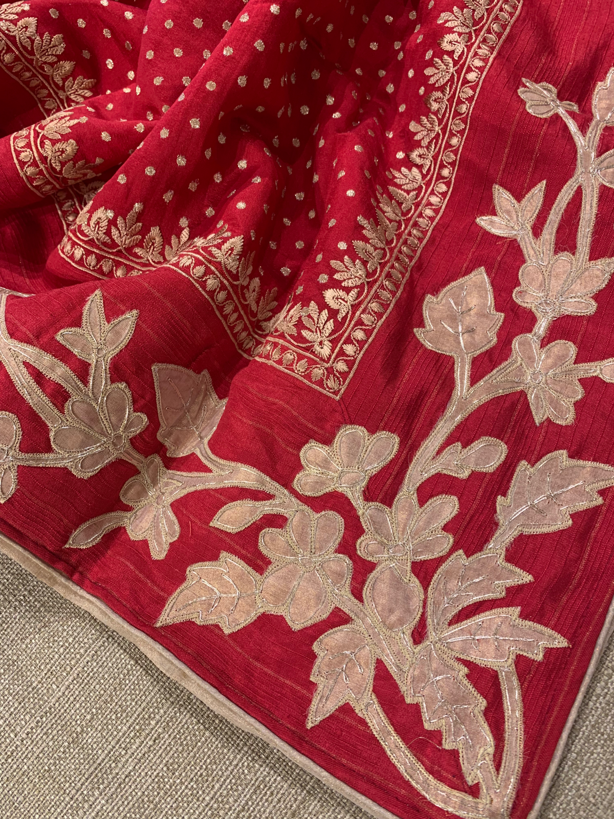 Red Chiniya Silk Saree with Embroidery Border & Applique Creeper Pallu