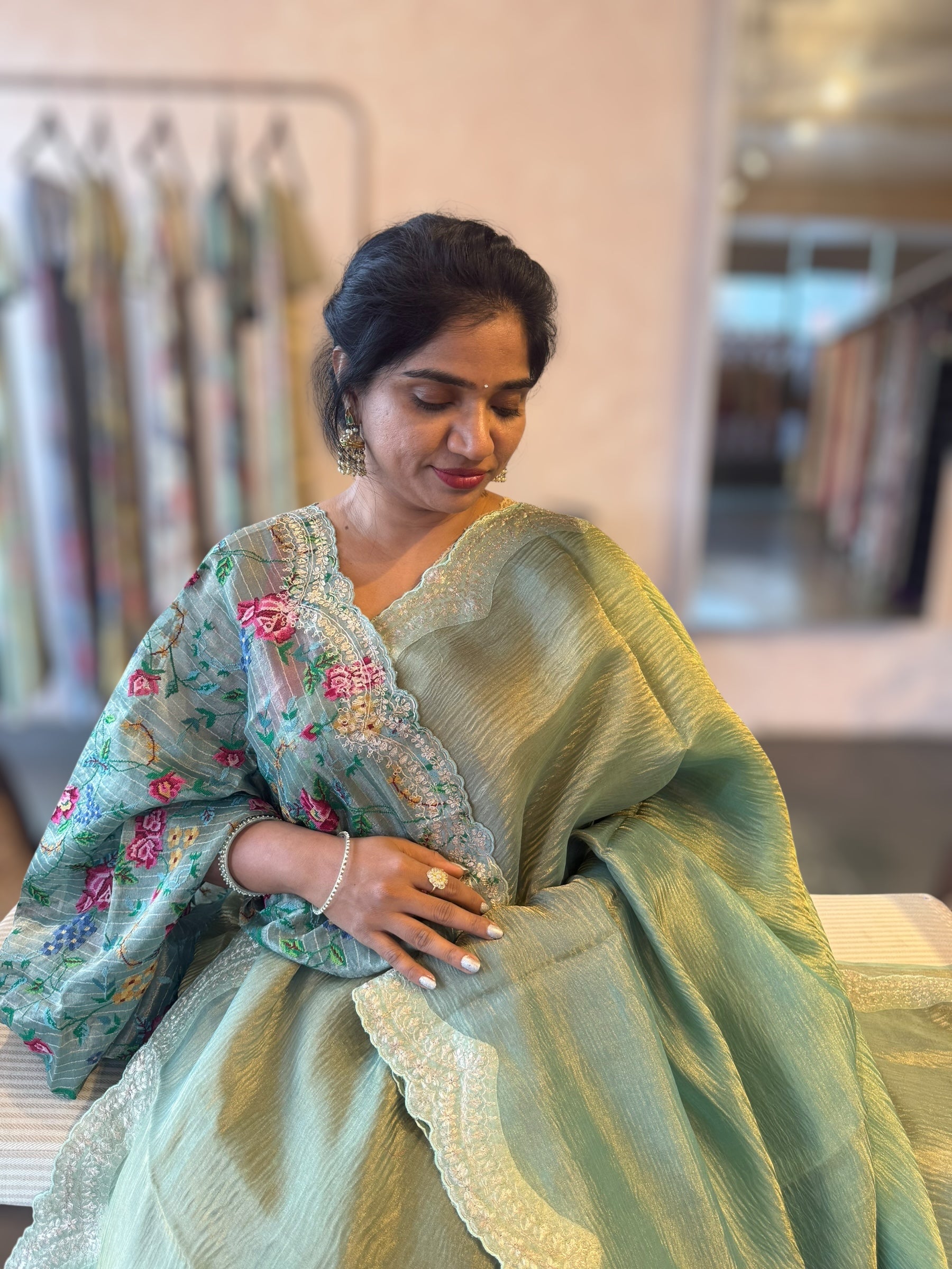 Ombre Dyed Crush Tissue Saree With Pitawork Border & Petite Point Embroidered BP
