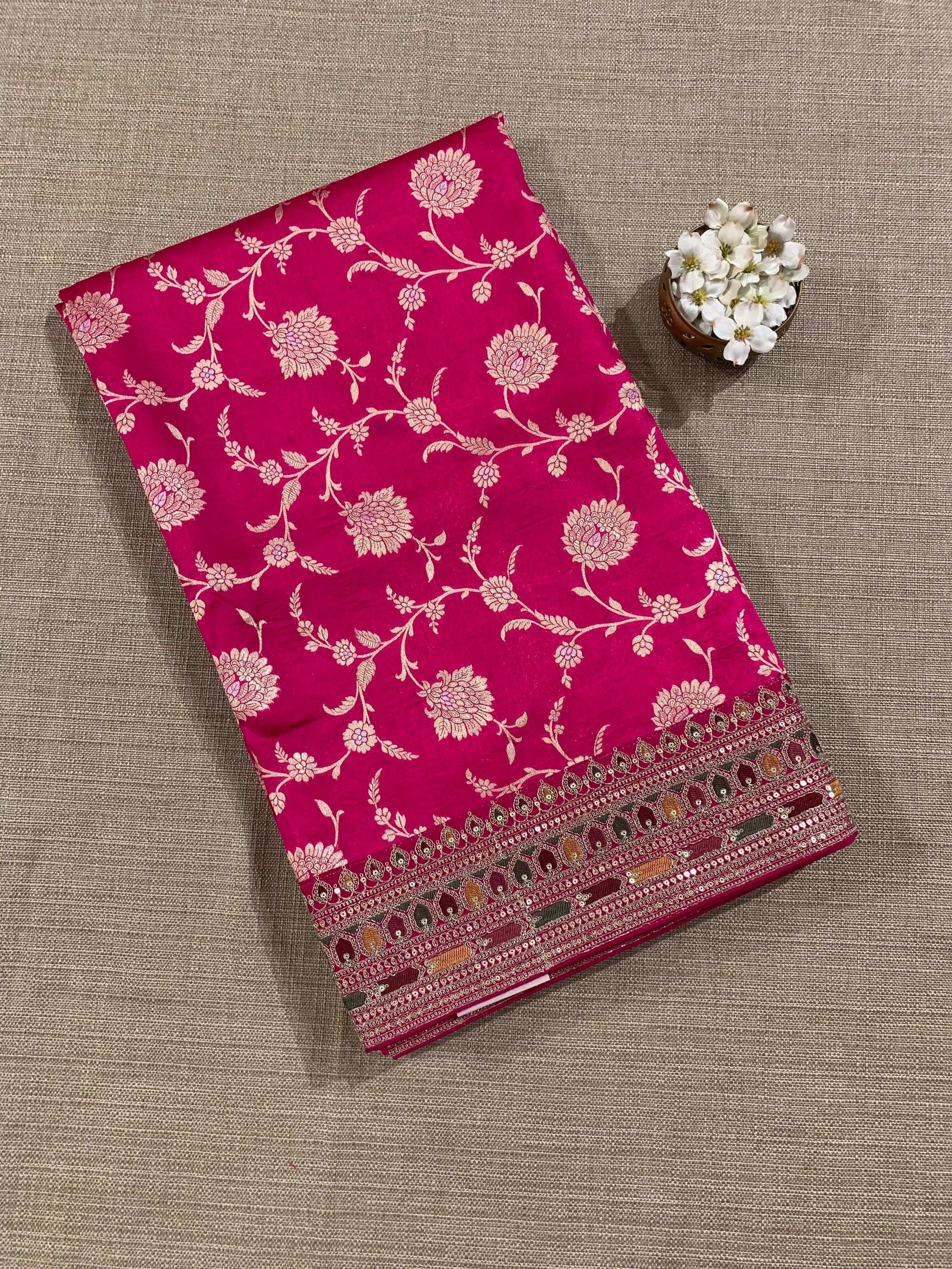 Fushcia Pink Pure Handloom Banarasi Silk Saree With Sabhyasachi Borders & Blouse