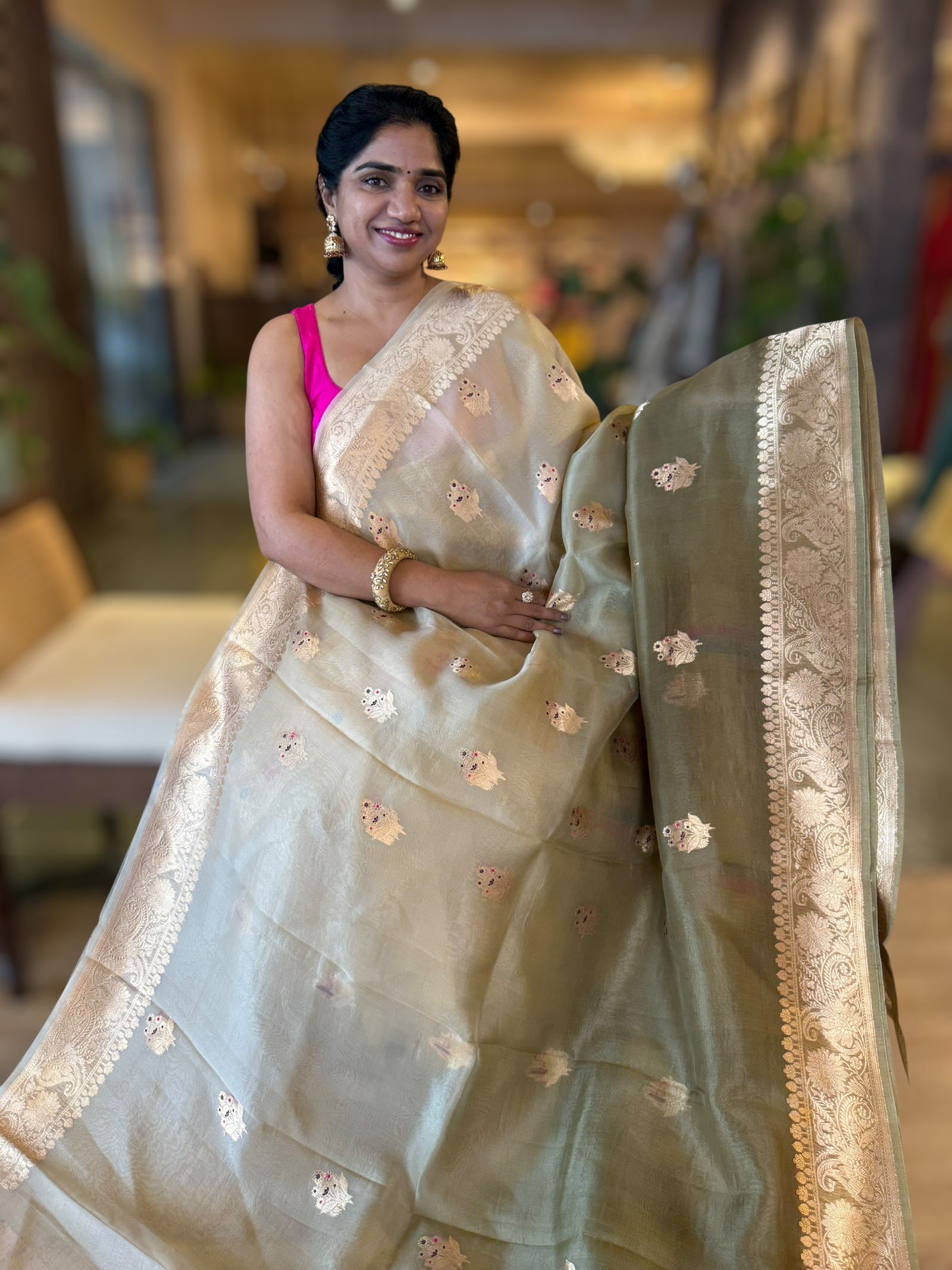 Olive Shaded Premium Kora Banarasi Saree with Allover Meenakari Kaduwa Motifs