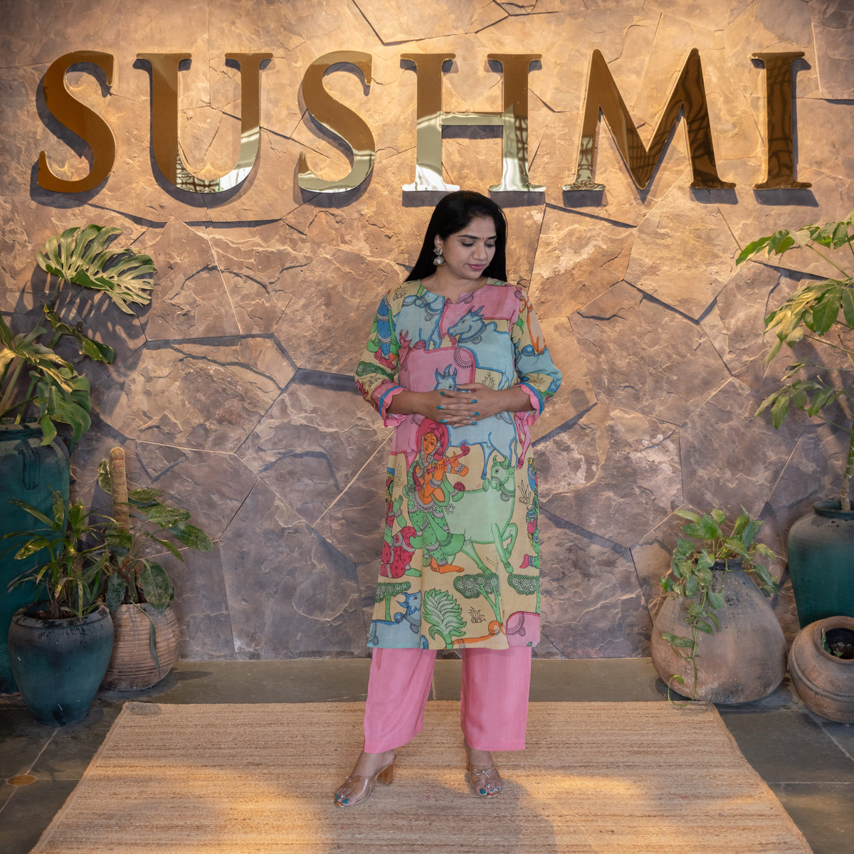 Nandi and Krishna concept Pen Kalamkari Silk Coordset