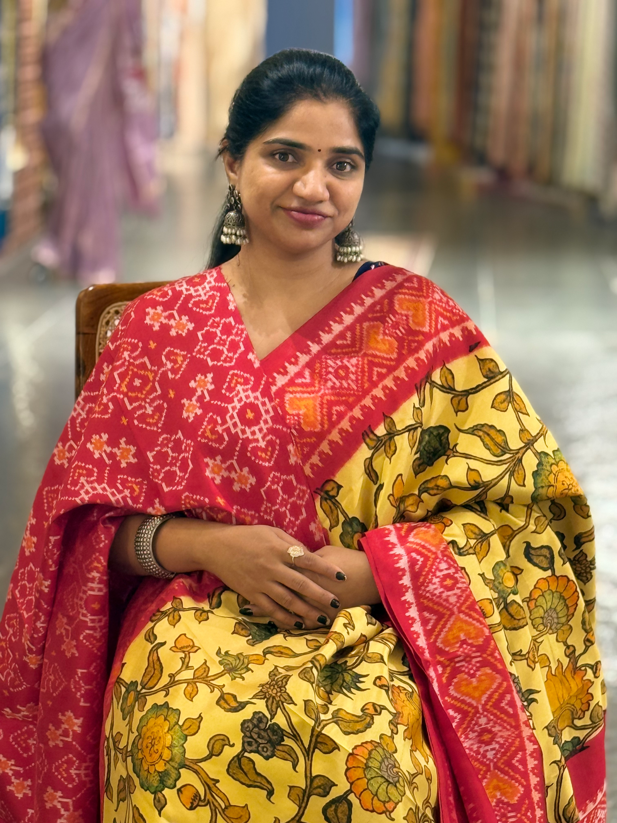Ikkath Patola Sarees with Pen Kalamkari Style Digital  Prints