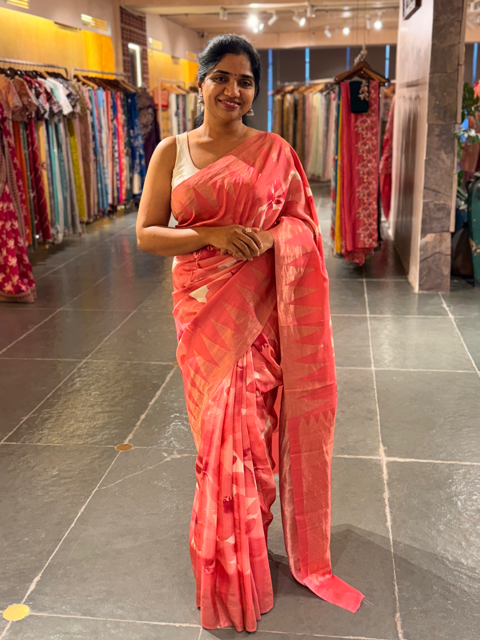 Coral Peach Pink Printed Kanchi Silk soft drape Saree with temple borders b