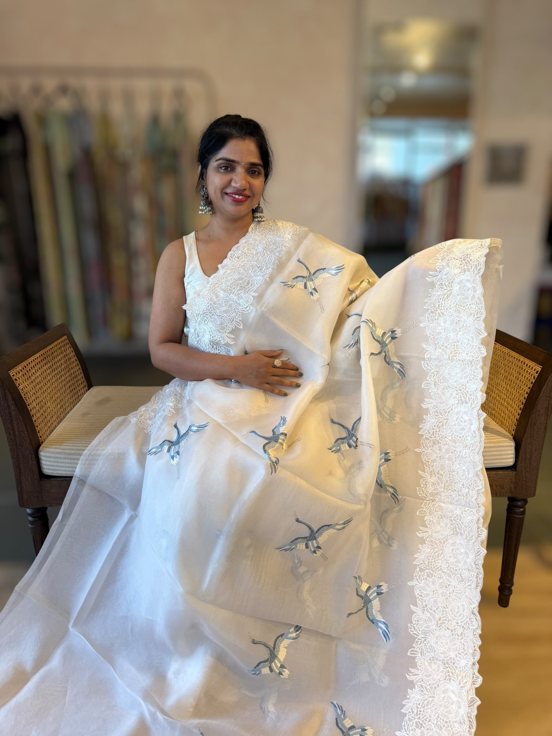 Ivory Organza Saree with Cutwork Borders & Blue Cranes