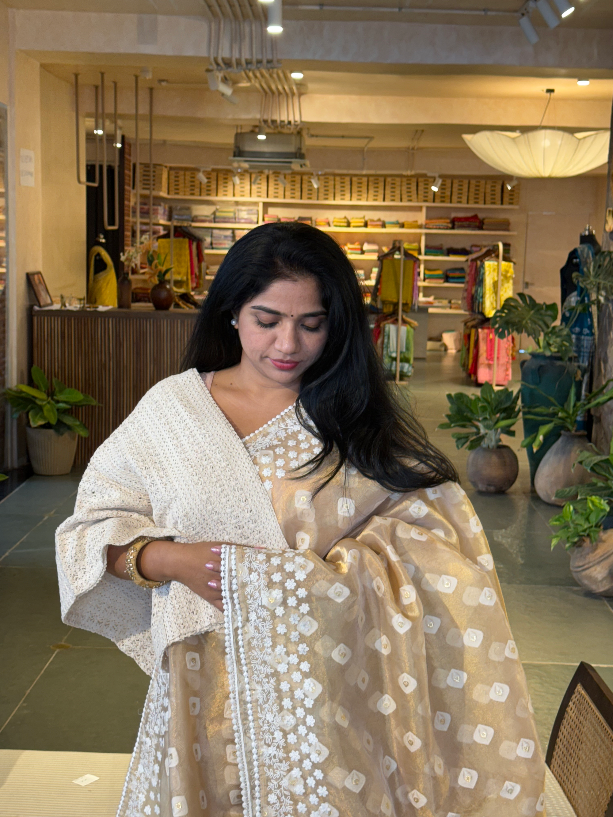 GTEA2003 : Pure Handloom Gold Tissue Saree With handwork borders