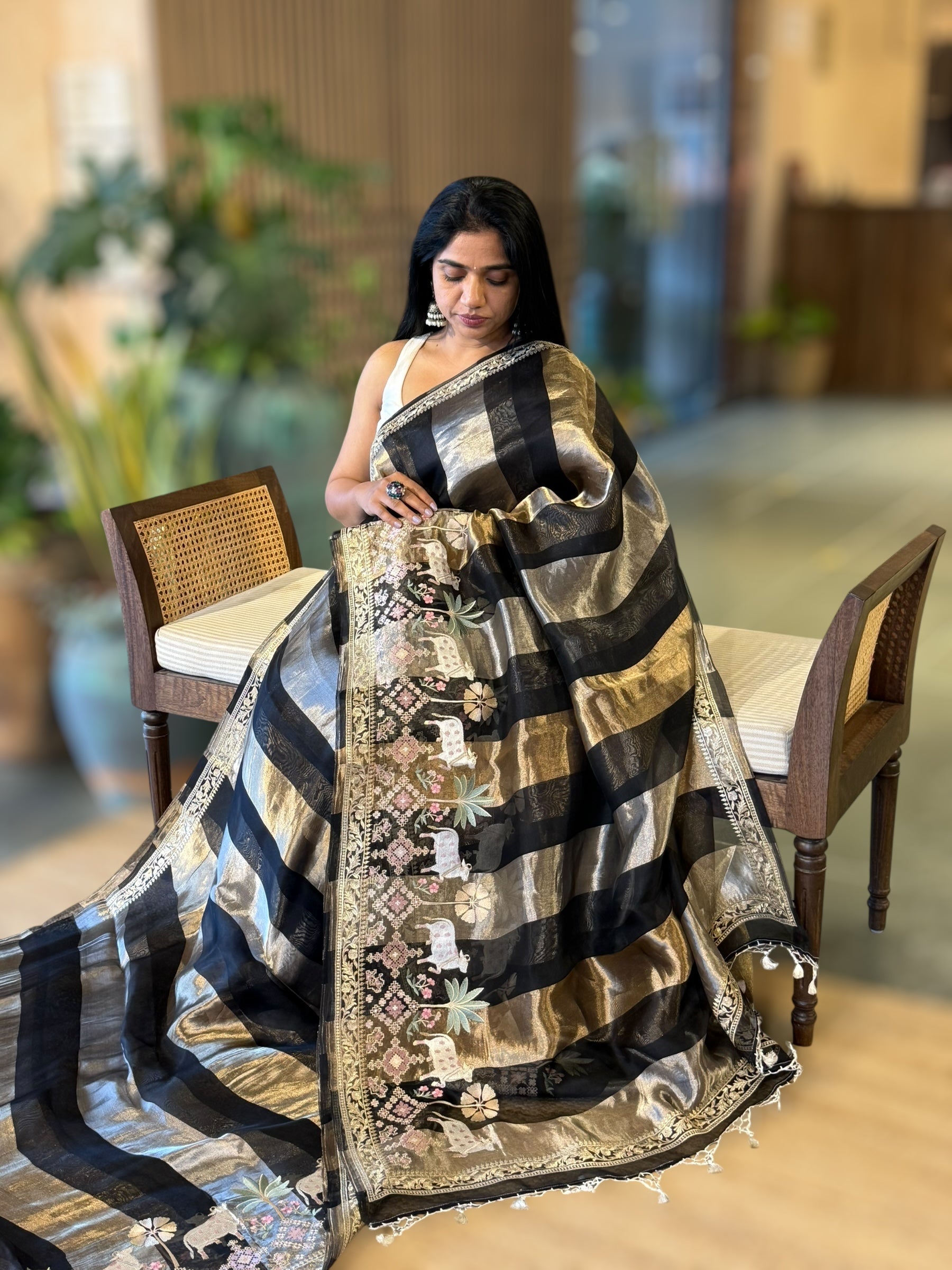 Black Kora Tissue Stripes Saree With Jamdani  & Pichwai embroidered Border