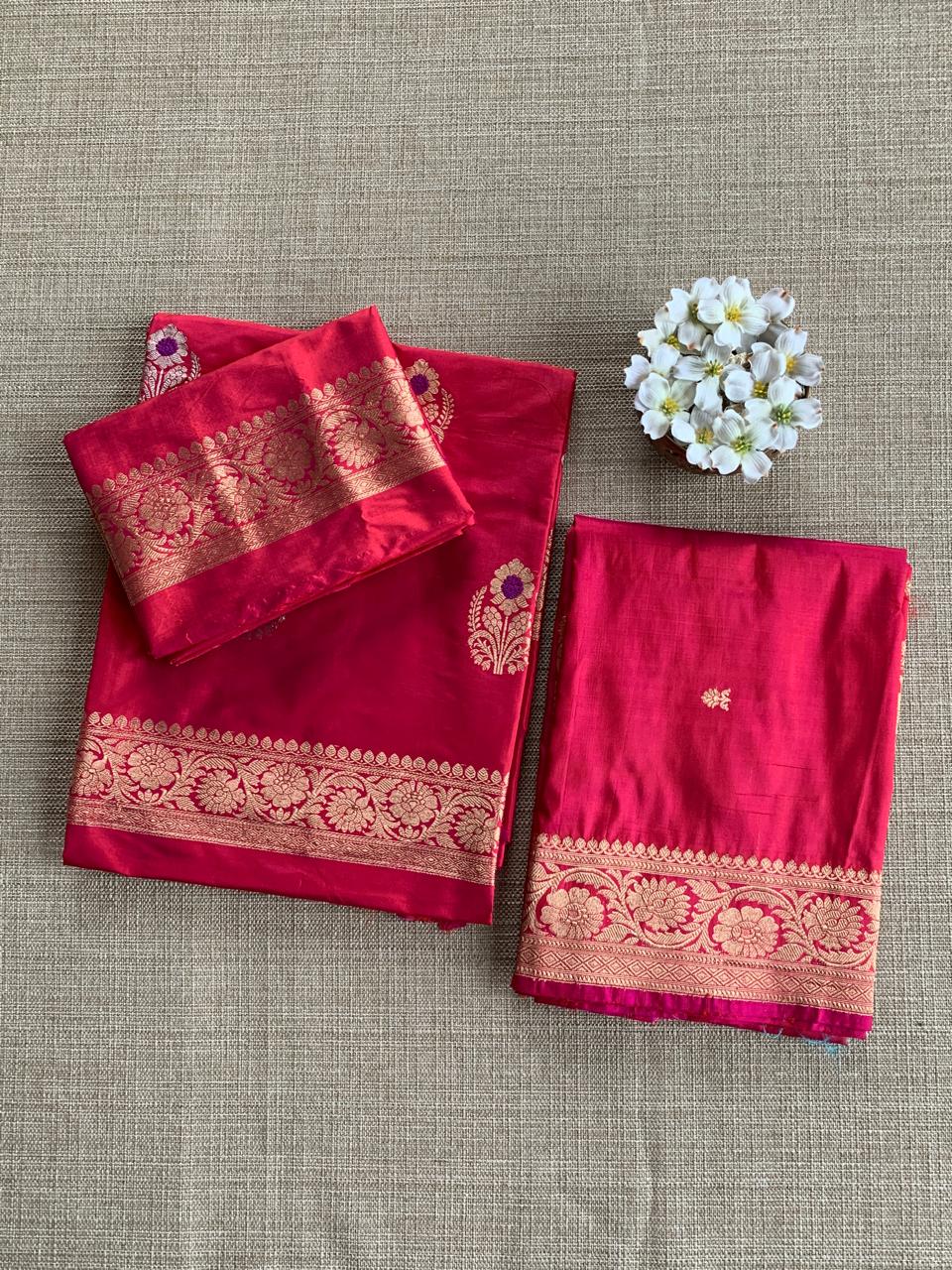 Reddish Pink Katan Silk  3 pc Suit Set with meenakari kaduwa weaving
