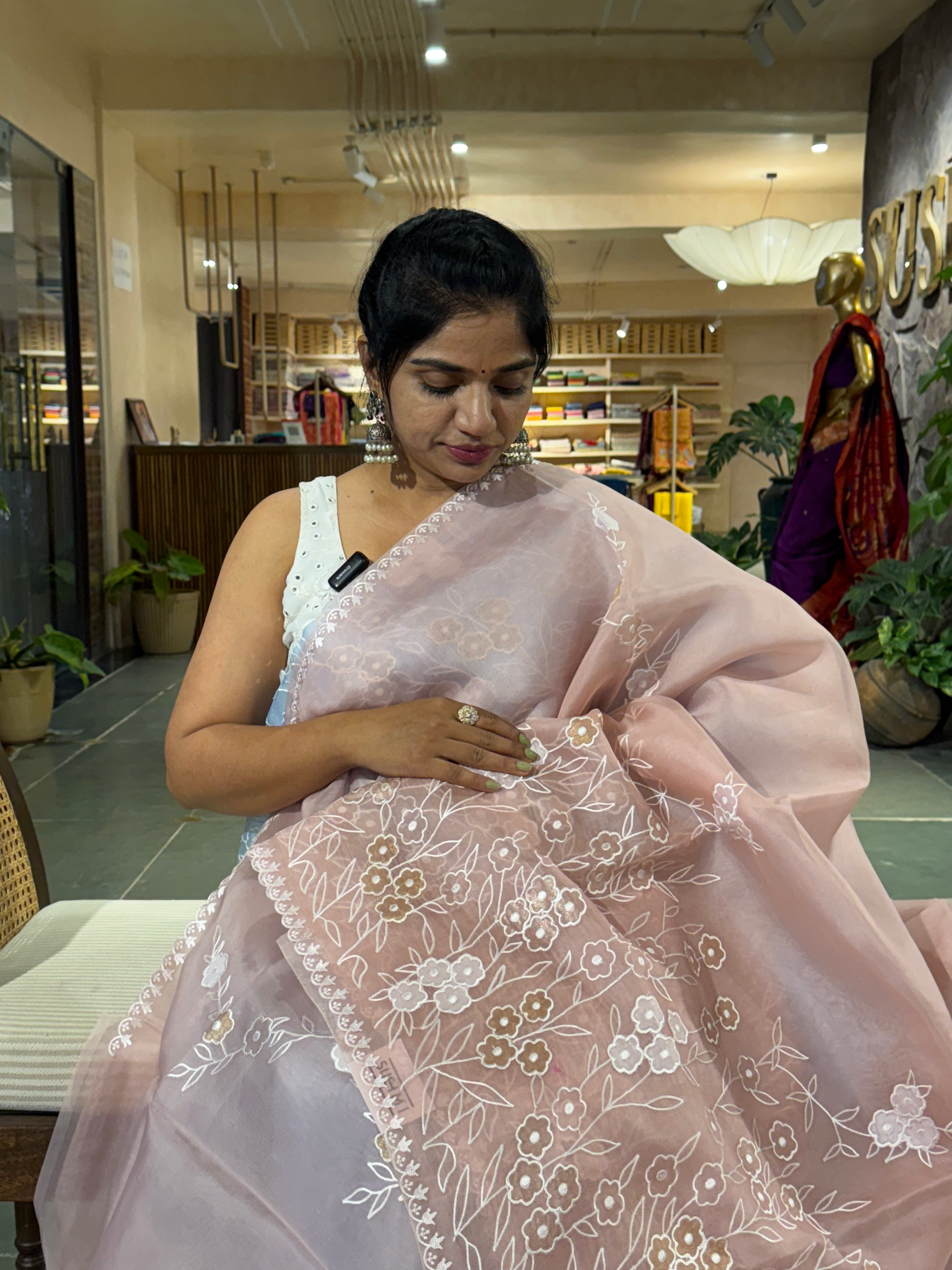 Peach Pink Organza Applique work Saree