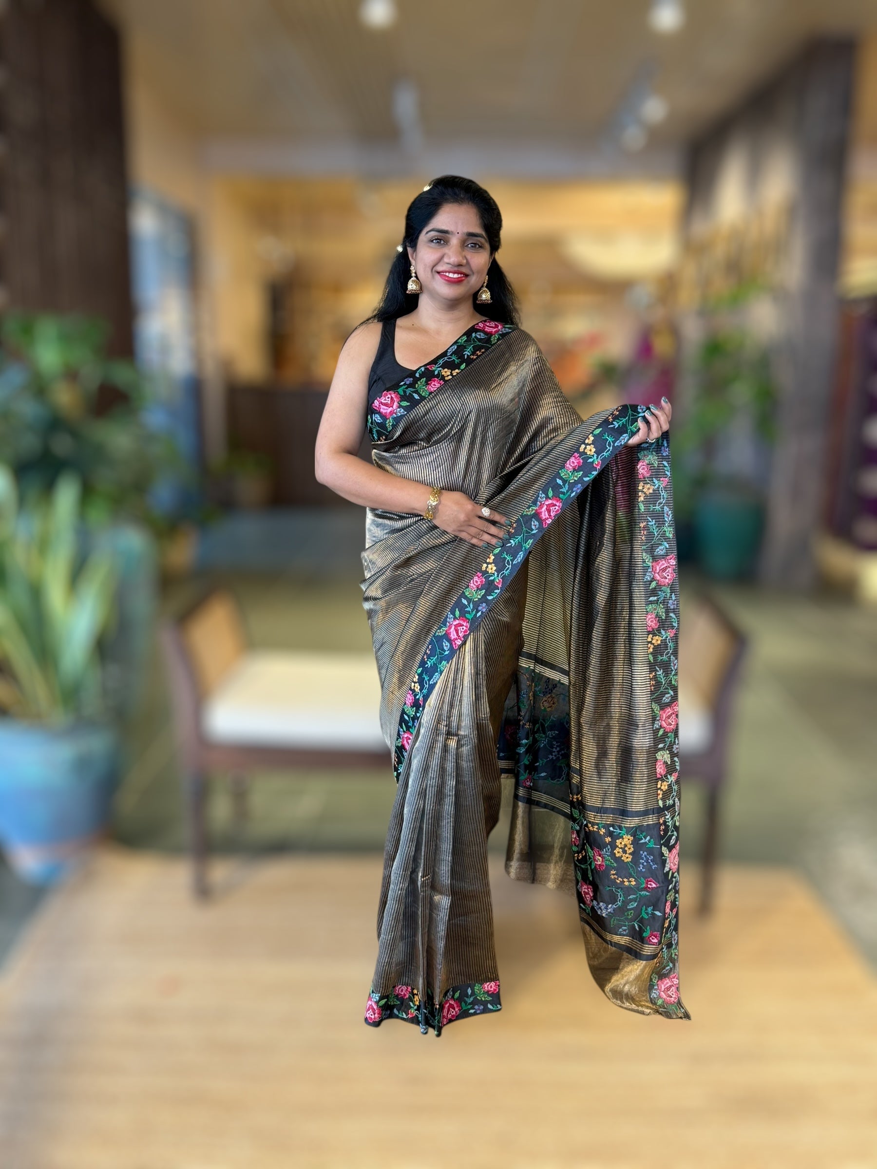 Black Tissue Stripes Saree wth Petite Point Embroidered Border Pallu & BP