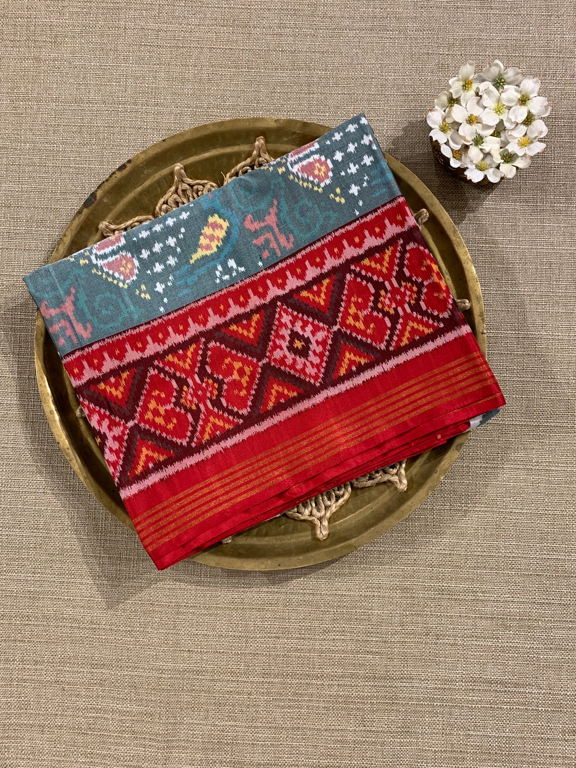 Light Blue and  Red Combo Pure Patan Patola Saree with Unique Concept Body