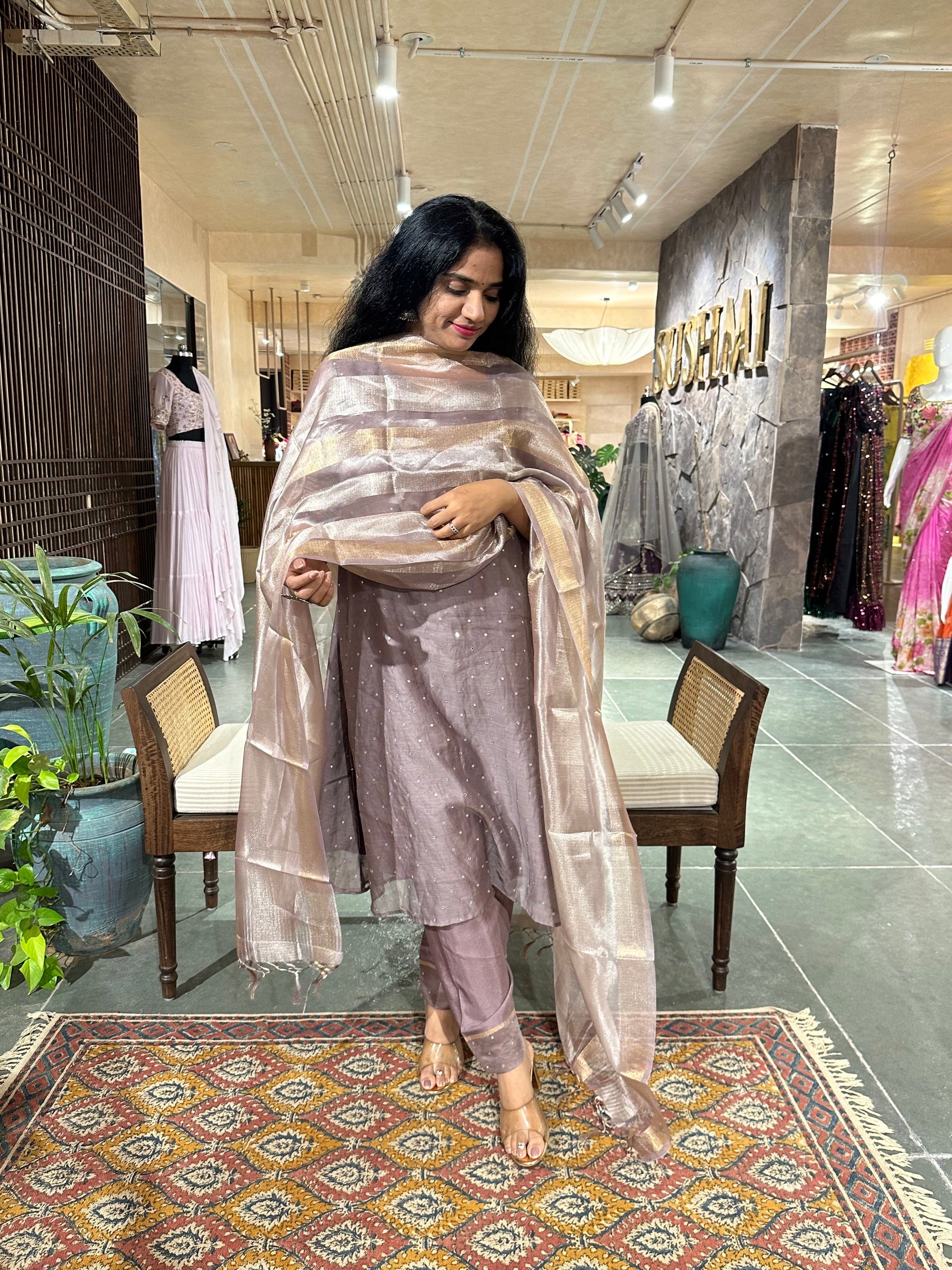 Earthy Tone pure Chanderi Silk 3 pc sticthed suit with mirror work