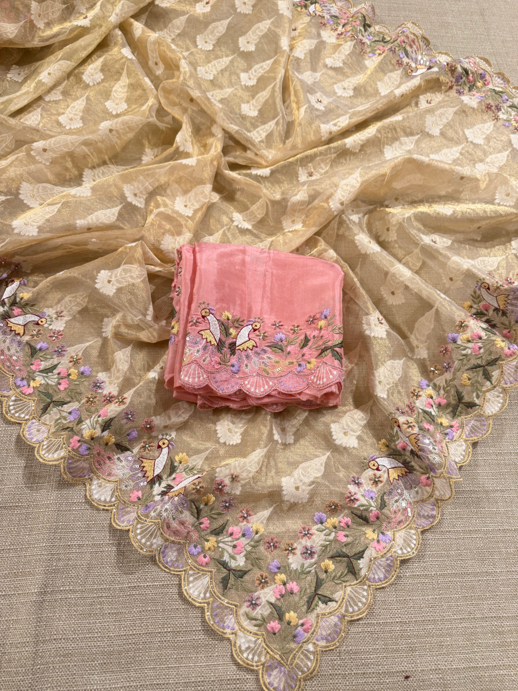 GTEA2002 : Pure Handloom Gold Tissue Saree With handwork borders and blouse