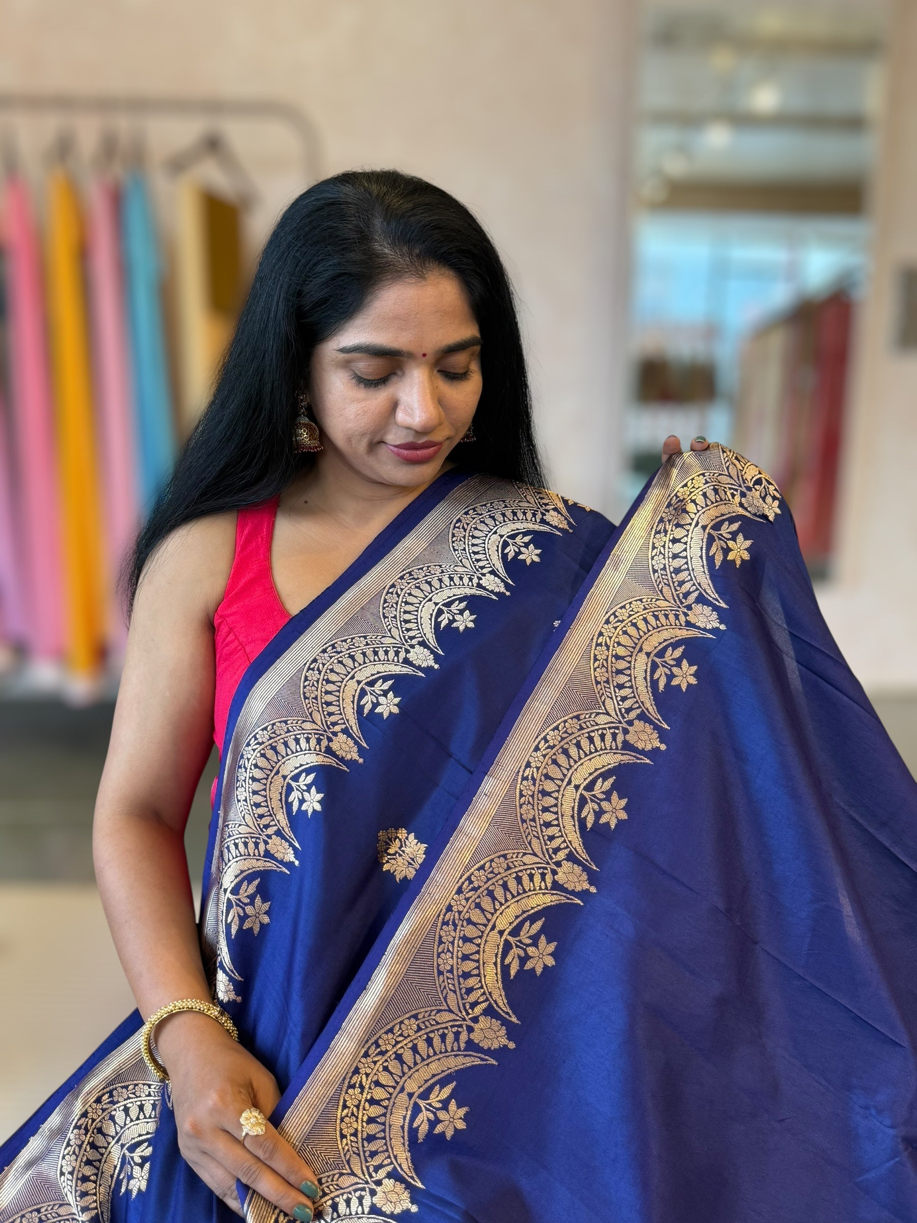 Midnight Blue Banarasi Raw Mango Silk Saree with Open Borders & Kaduwa Weaving